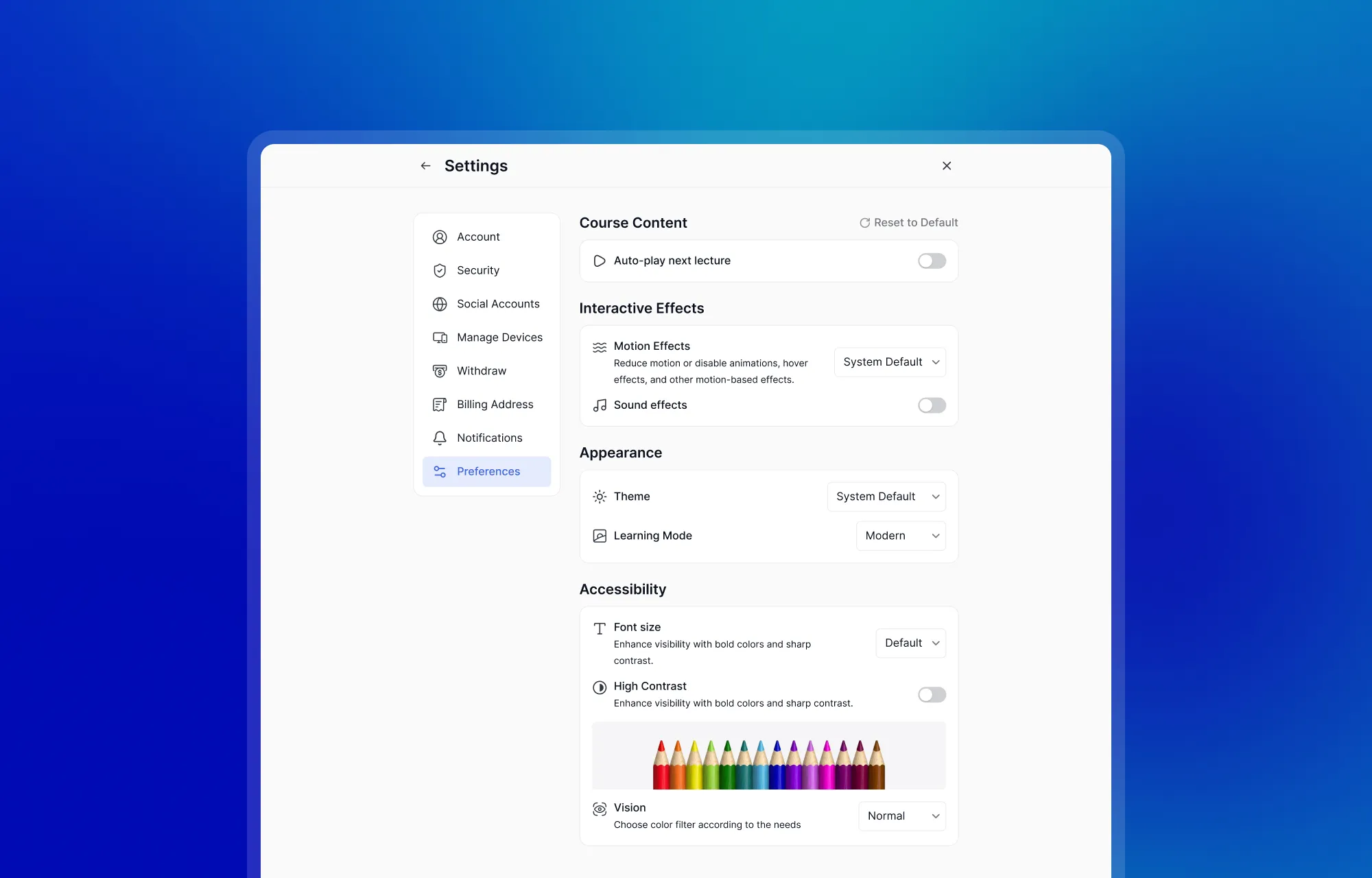 Learner- Settings Preference (Accessibility Dark mode
