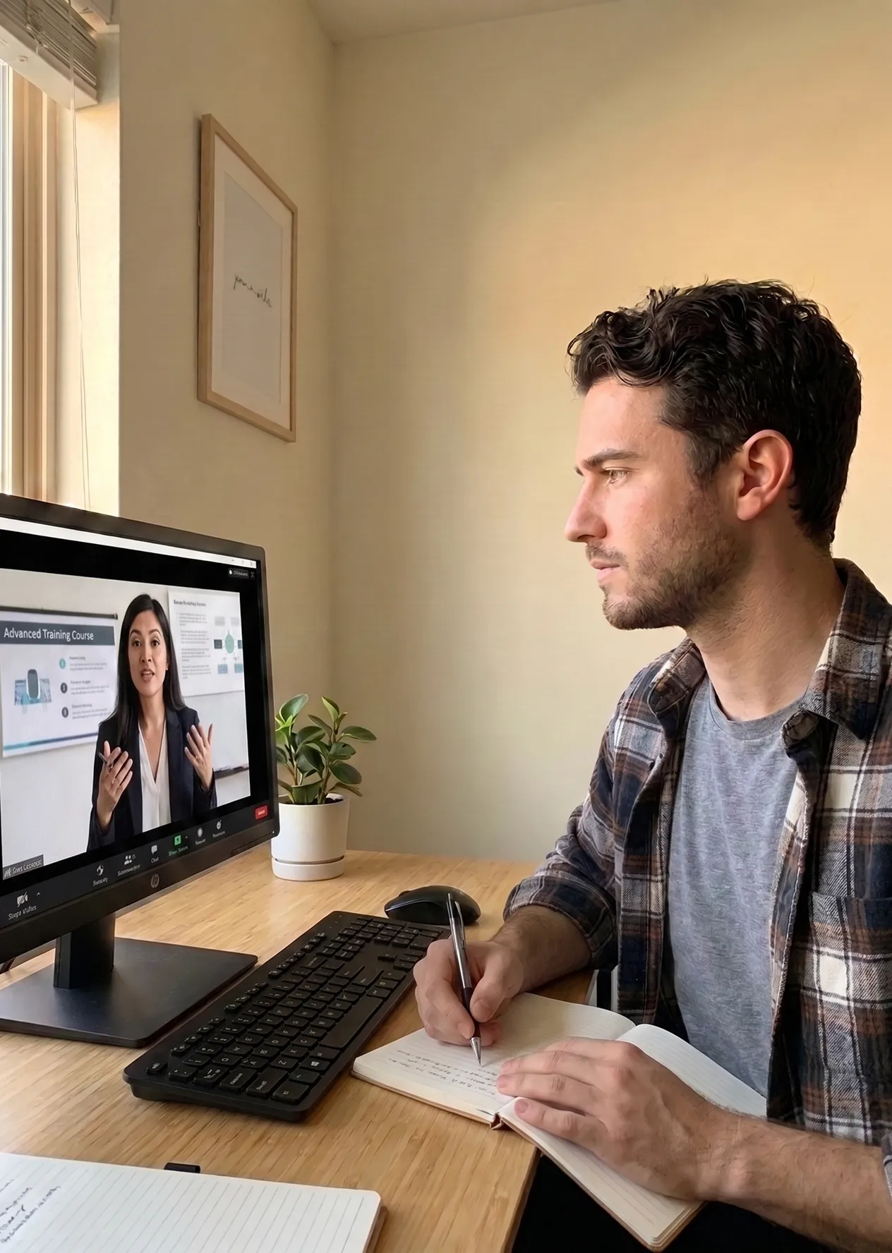 Man in a plaid shirt at a wooden desk, writing in a notebook while looking at a monitor displaying a video call with a woman presenting an _Advanced Training Course_ slide. A small potted plant sits beside the monitor, with a framed print o