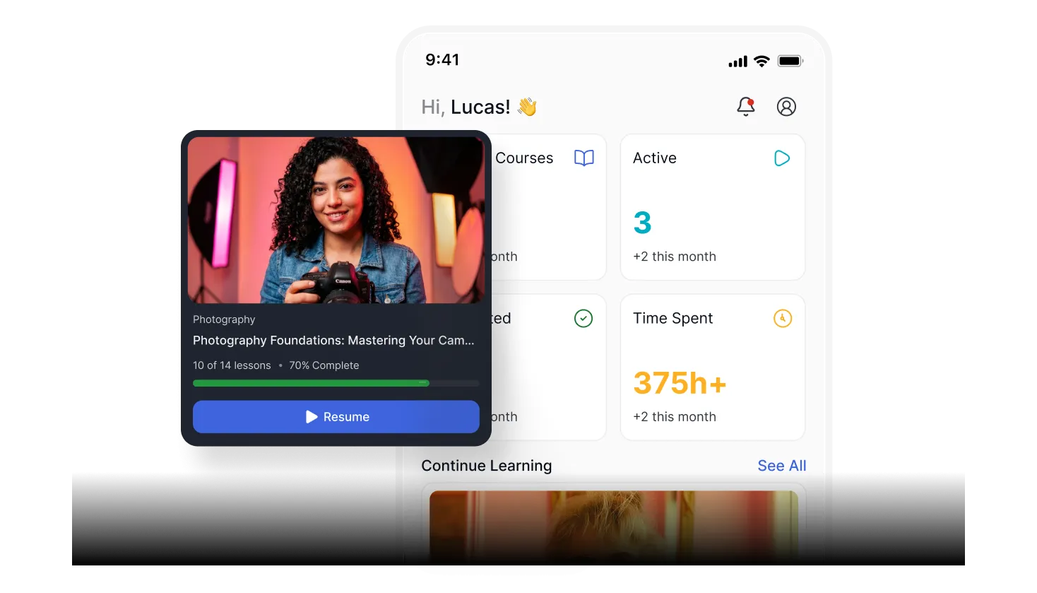 Mobile student dashboard showing courses, stats, and resume button