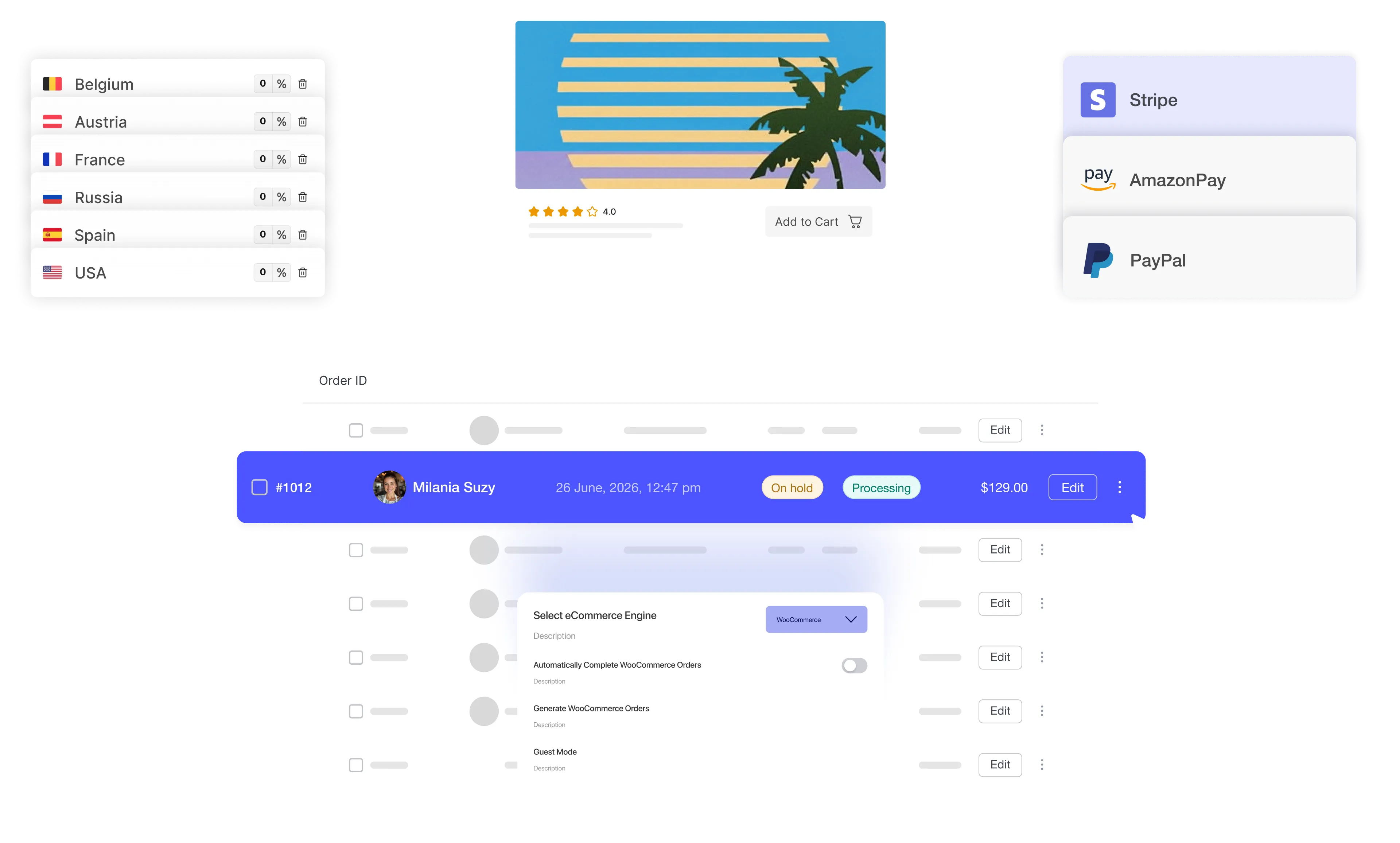 A TutorLMS eCommerce dashboard with an eCommerce engine selector panel on the left, a course card with a 4.0 star rating in the center, a payment methods panel showing PayPal, Stripe, and RazorPay on the top right, an order management table with order #1012 for Milania Suzy at $129 across the bottom center, and a country-based tax rates panel on the bottom left.