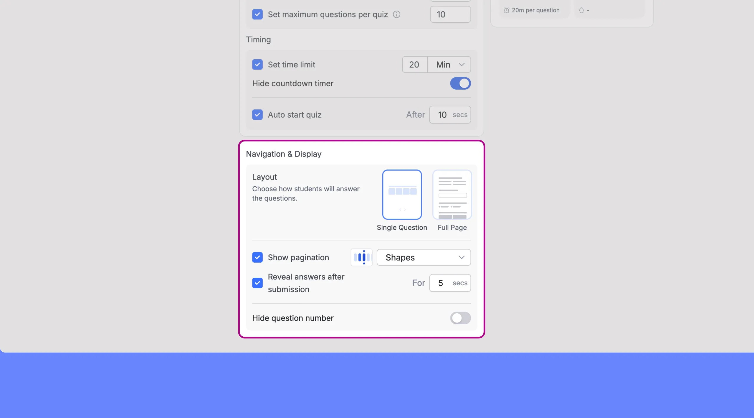 QUiz Navigation and Display options and Configuration