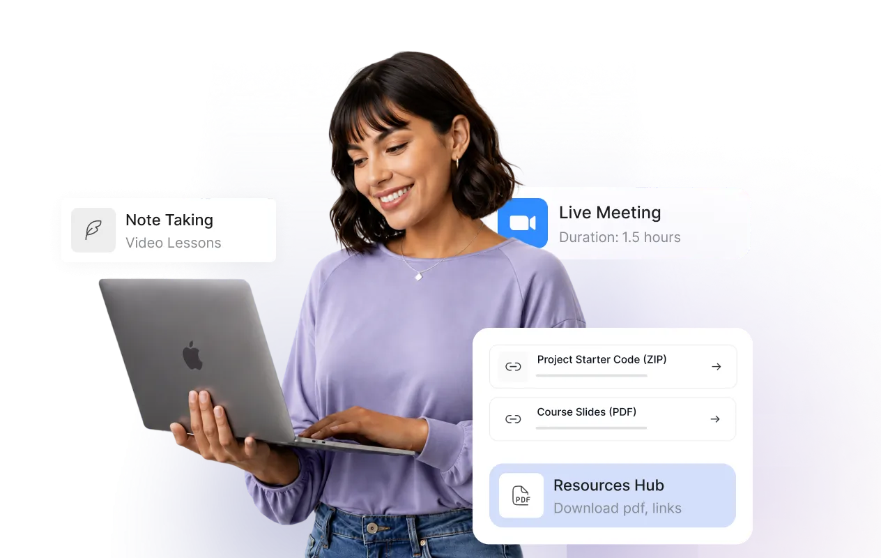 A woman working on a MacBook with floating UI cards around her showing Note Taking, Live Meeting, Project Starter Code, Course Slides, and a Resources Hub — representing centralized access to course materials.