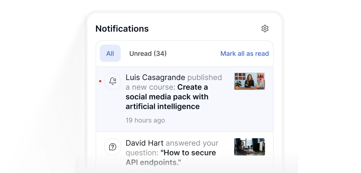 Notifications panel showing course updates and question replies