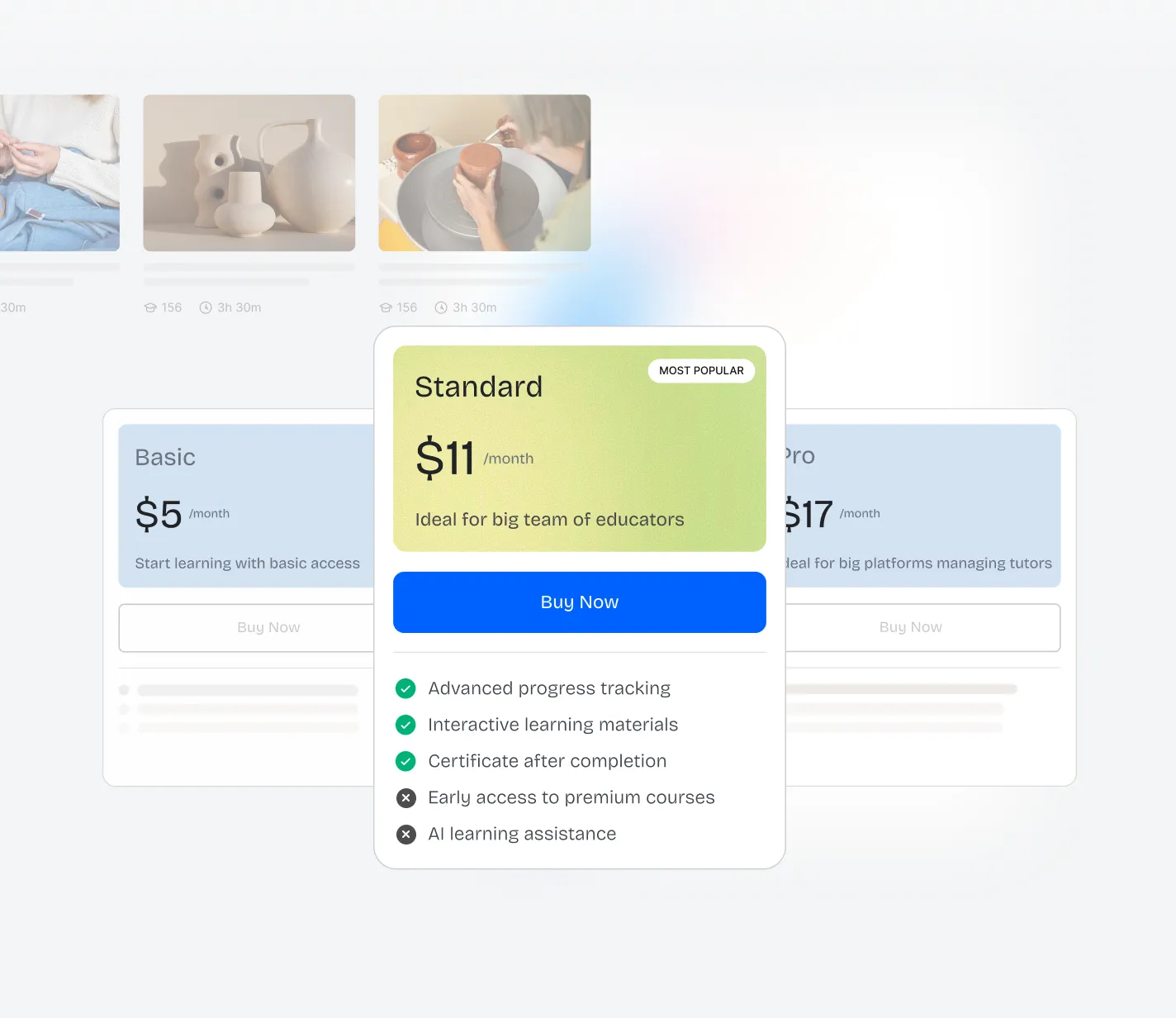 A three-tier membership pricing panel showing Basic at $5