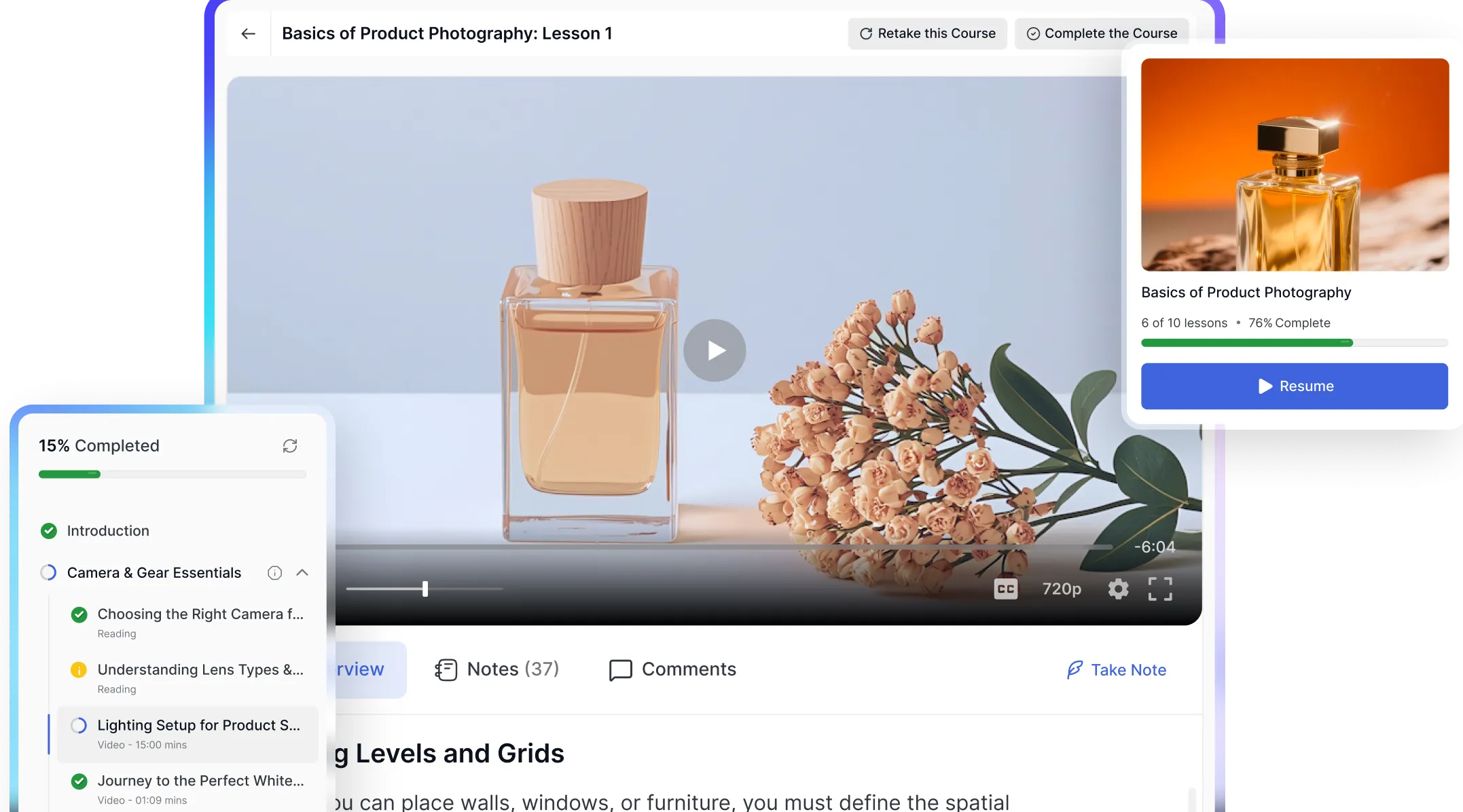 Product mockup on a blue-to-purple gradient background showing a course video player for _Basics of Product Photography_ Lesson 1,_ with a perfume bottle and flower styling in the video preview, playback controls, and captions. A left panel