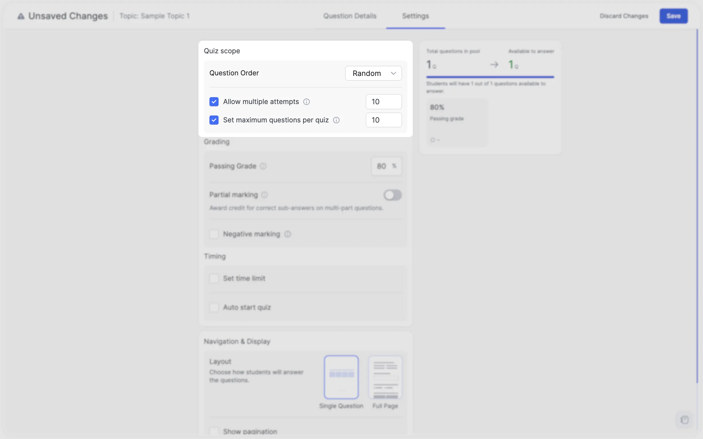 Tutor Quiz Settings- Quiz Scope