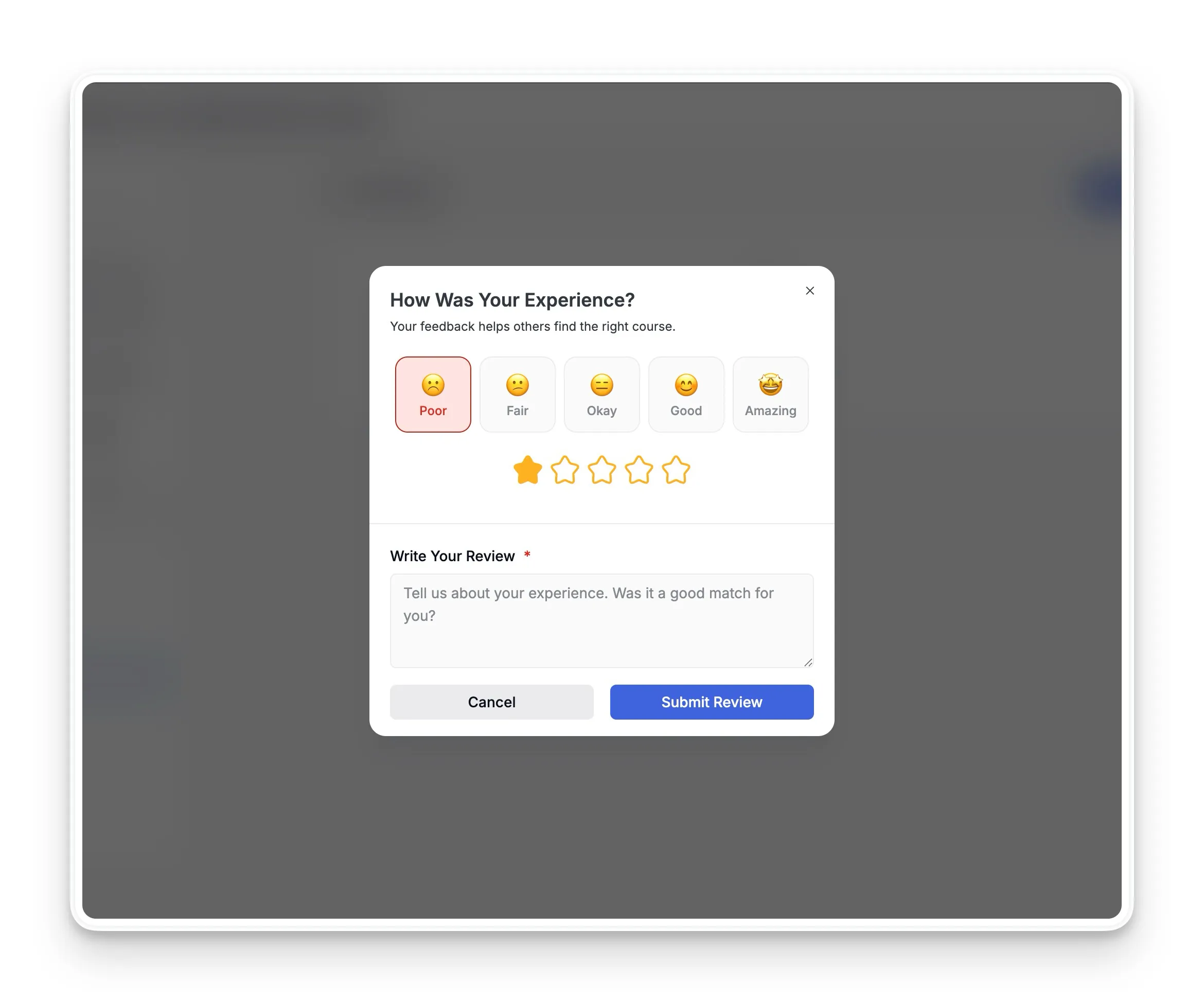 Review Modal with emojis and starts- Tutor LMS 4.0