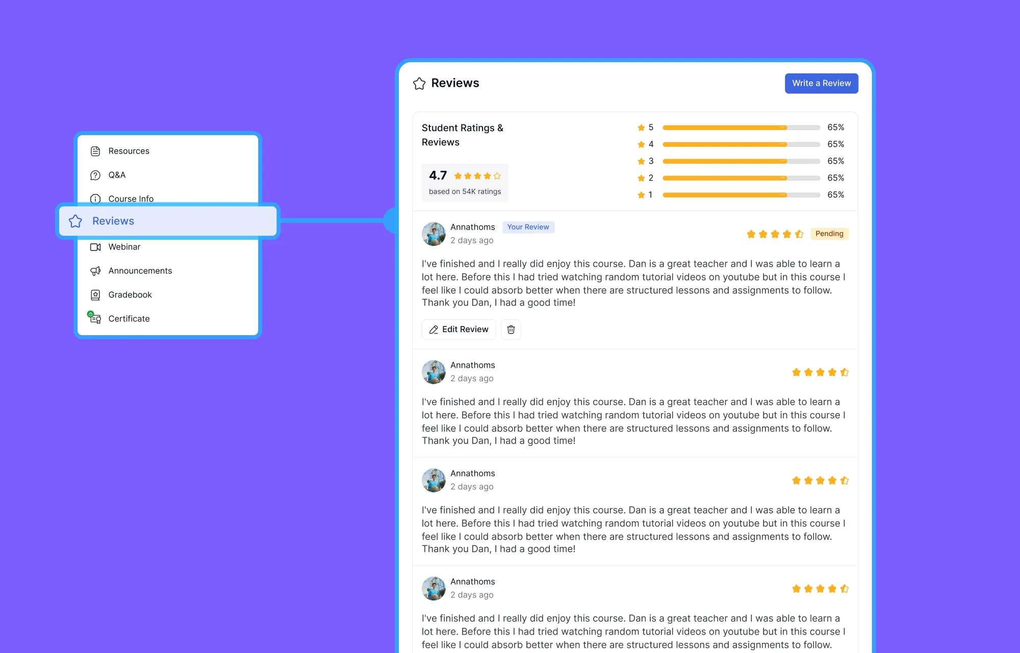 Reviews section with a Pending