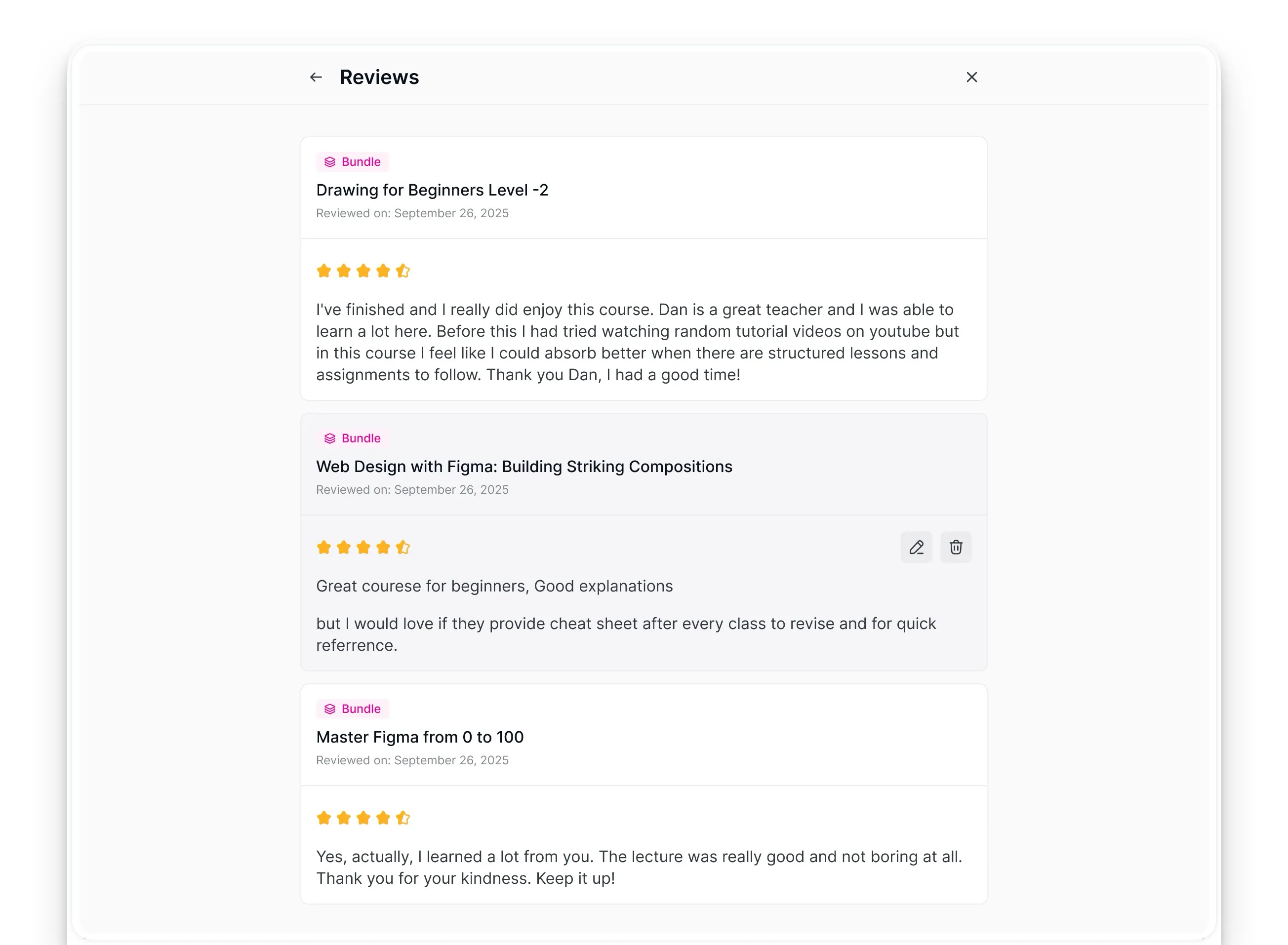 Studen Course review archive page- Learner Dashboard