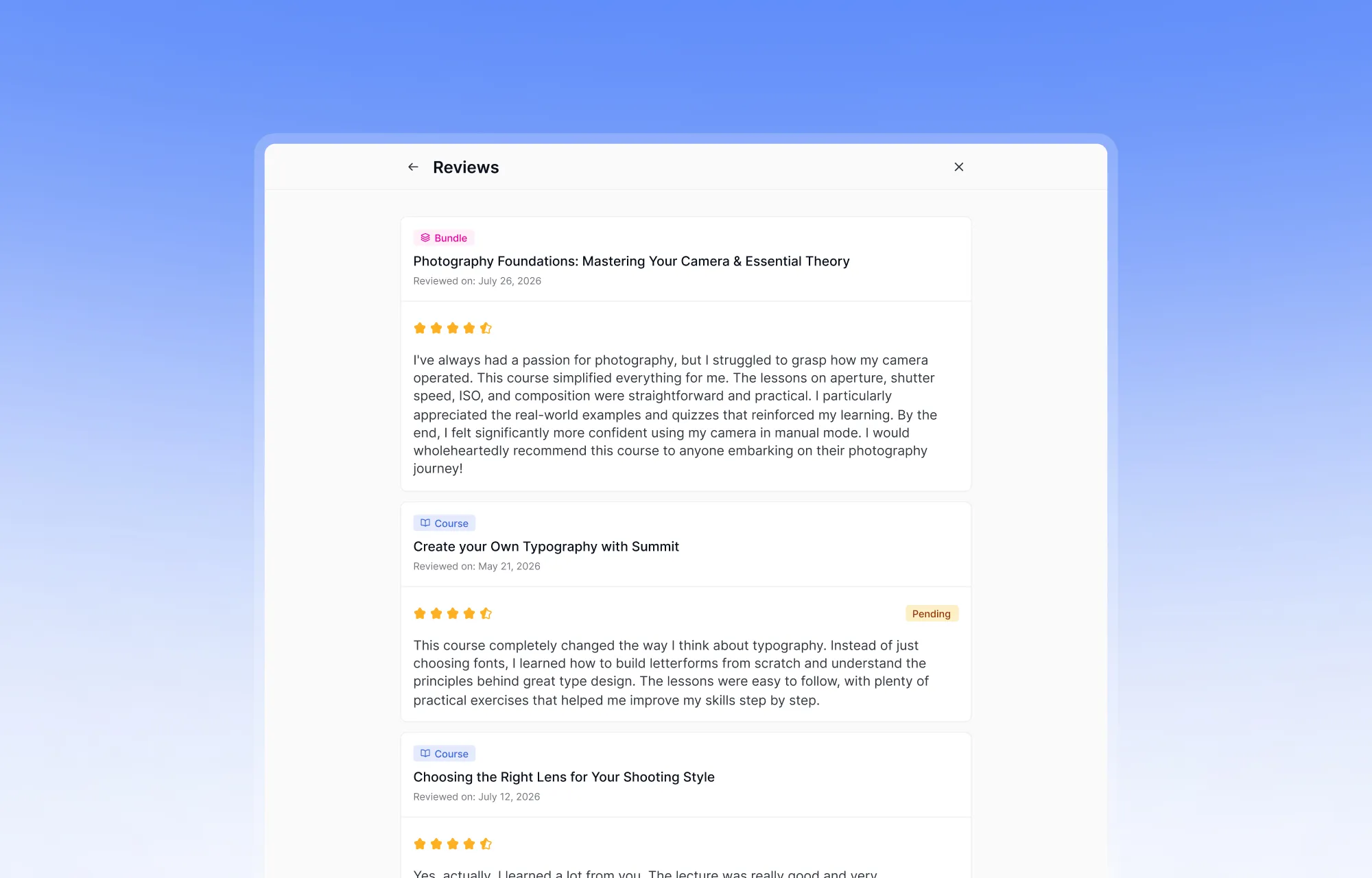 Student Course review archive page- Learner Dashboard