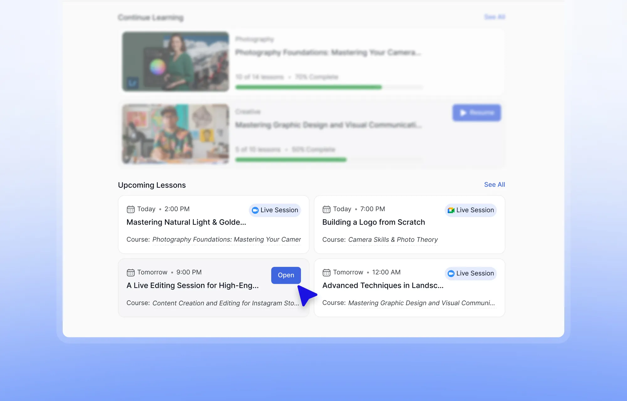 Student Dashboard Upcoming Live Classes