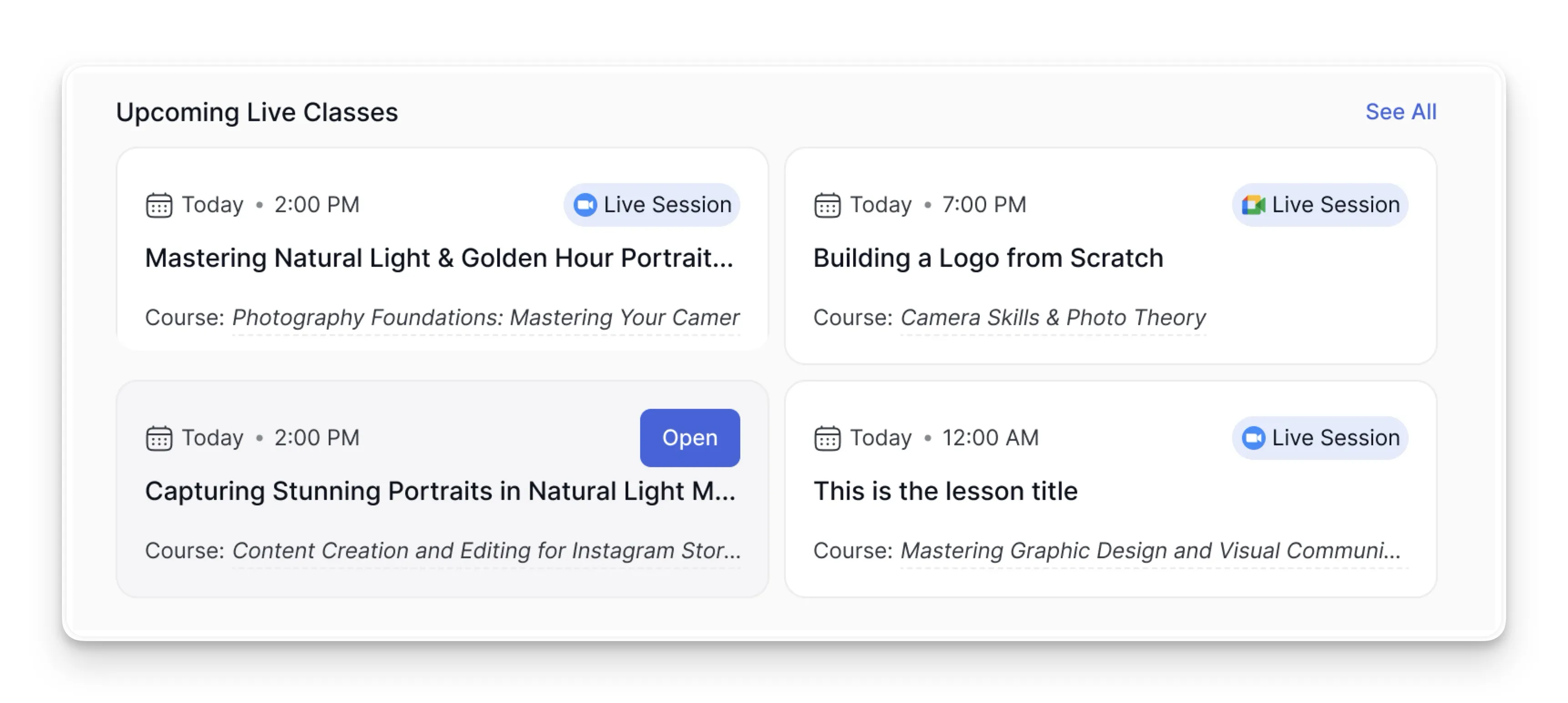 Student Dashboard Upcoming Live Classes