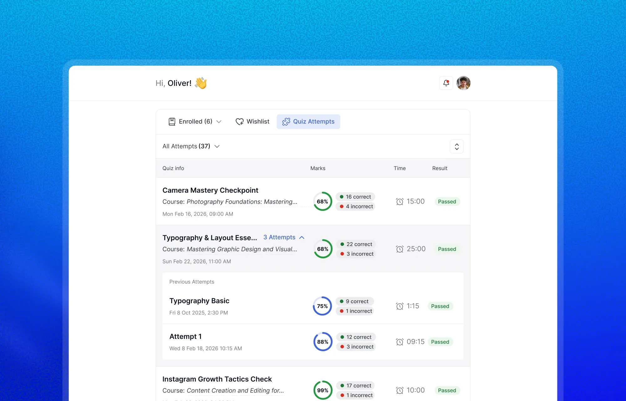 Student Quiz History, Quiz Attempts, Retry Quiz, Detailed Quiz Summary