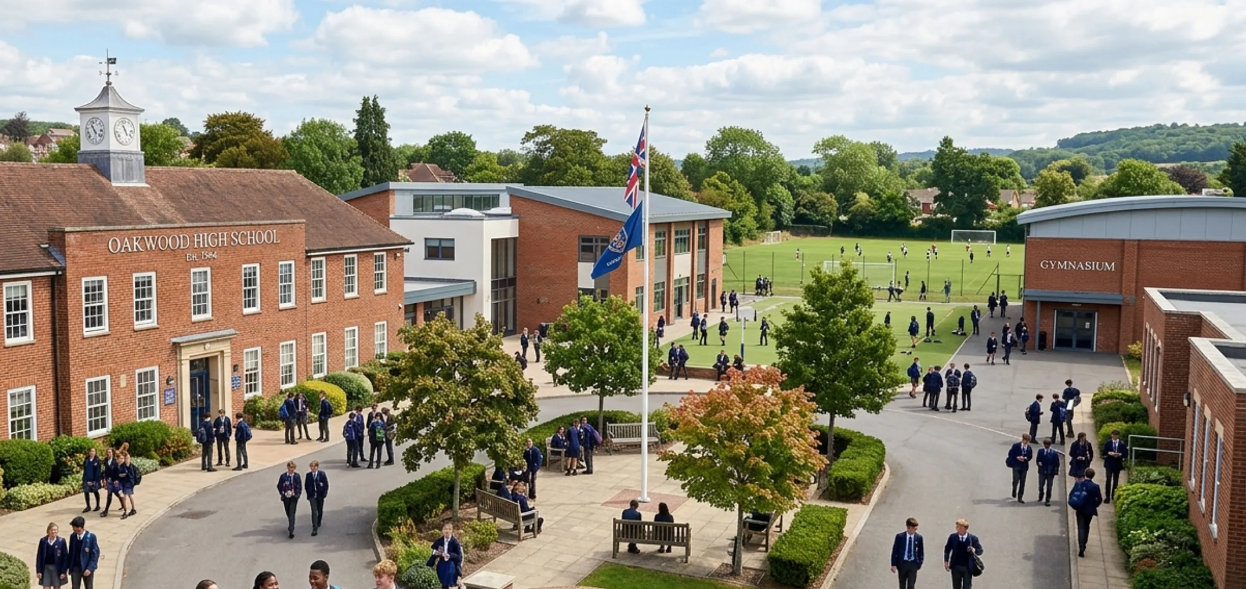 Students in navy school uniforms walk and gather across a well-kept campus between classes. The grounds feature a traditional red-brick building with a clock tower alongside a modern extension — conveying an established academic institution where structured learning meets an active student community.