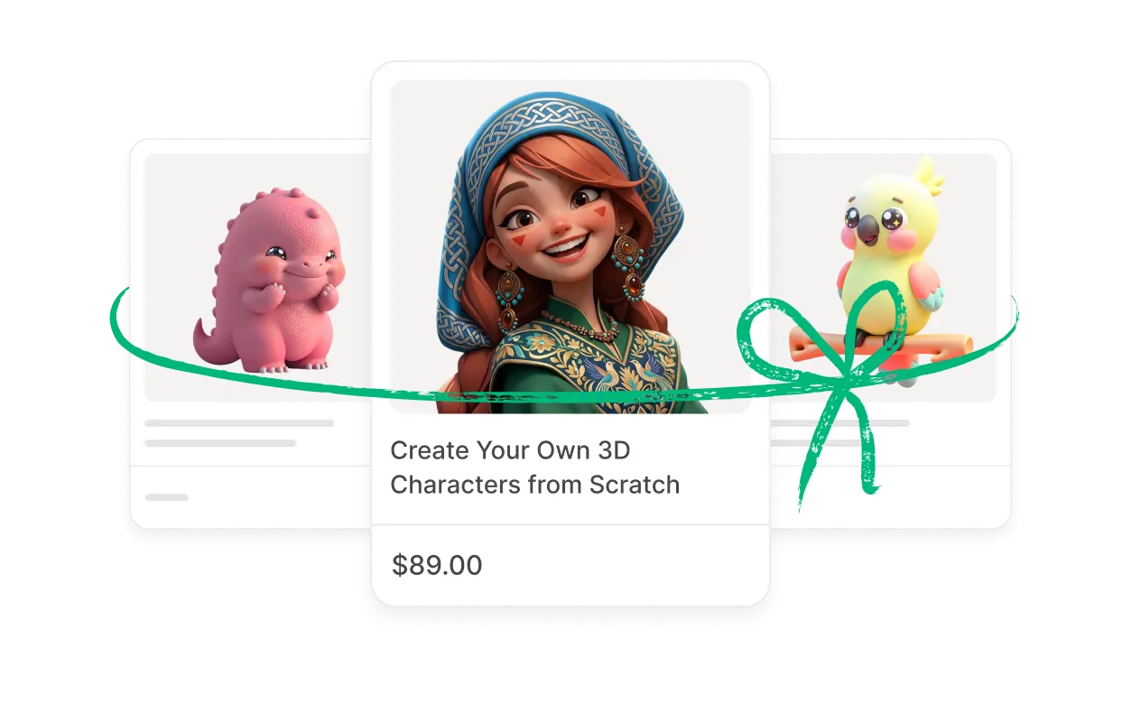Three 3D character course bundle cards wrapped in a green ribbon — a pink baby dinosaur, an animated character titled