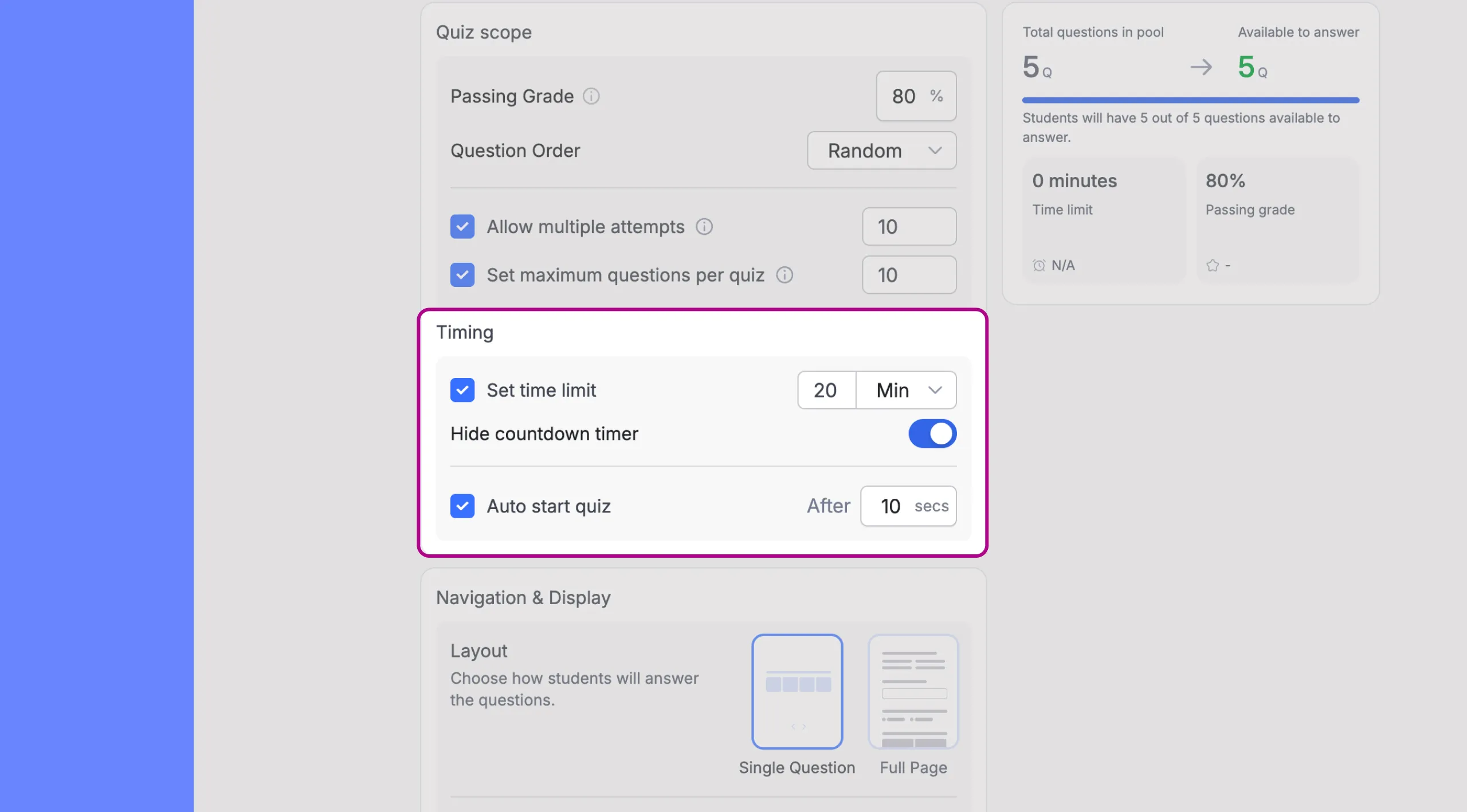 Quiz Settings-Timing