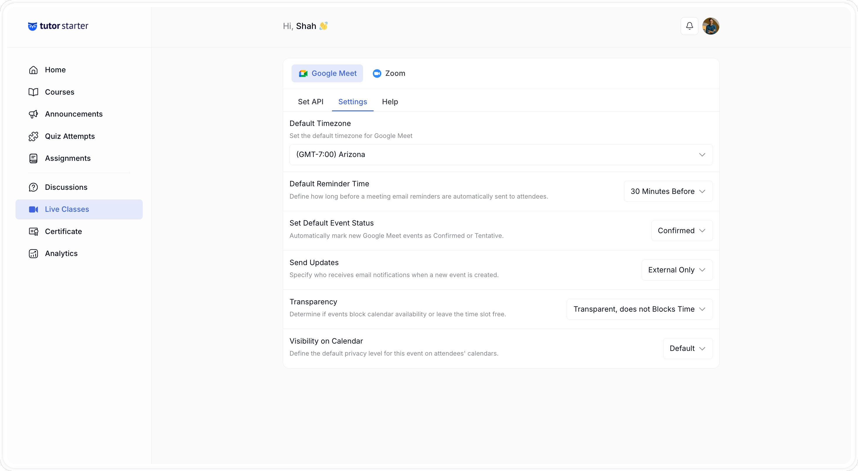 Tutor LIve Class- Google Meet Settings