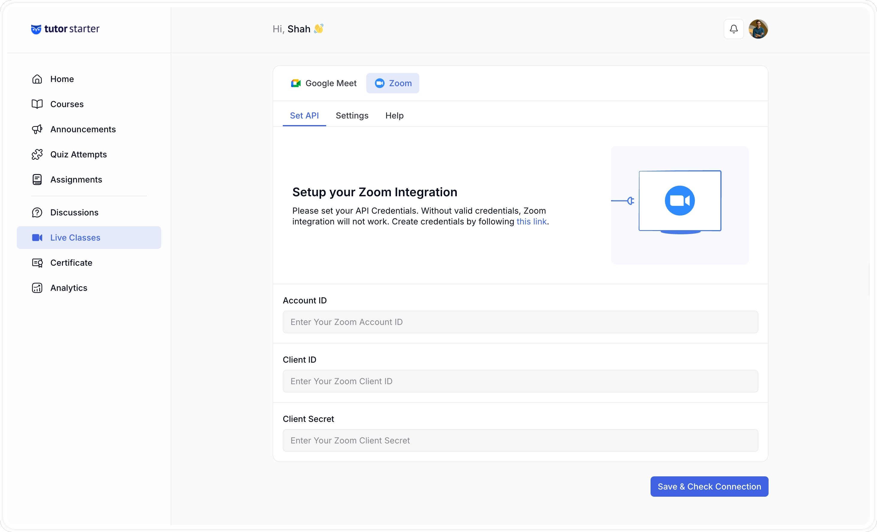 Tutor LIve Class- Zoom Set up Api