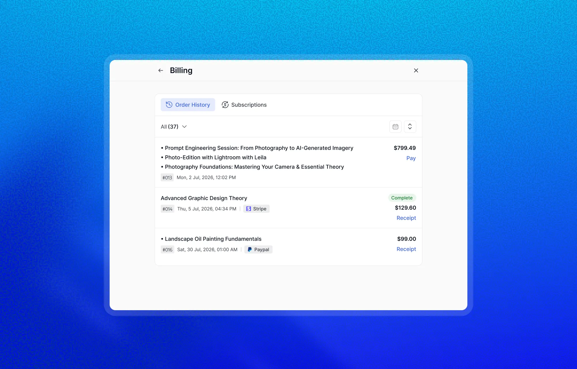 Tutor LMS Learner Dashboard- Student Billing/Order History