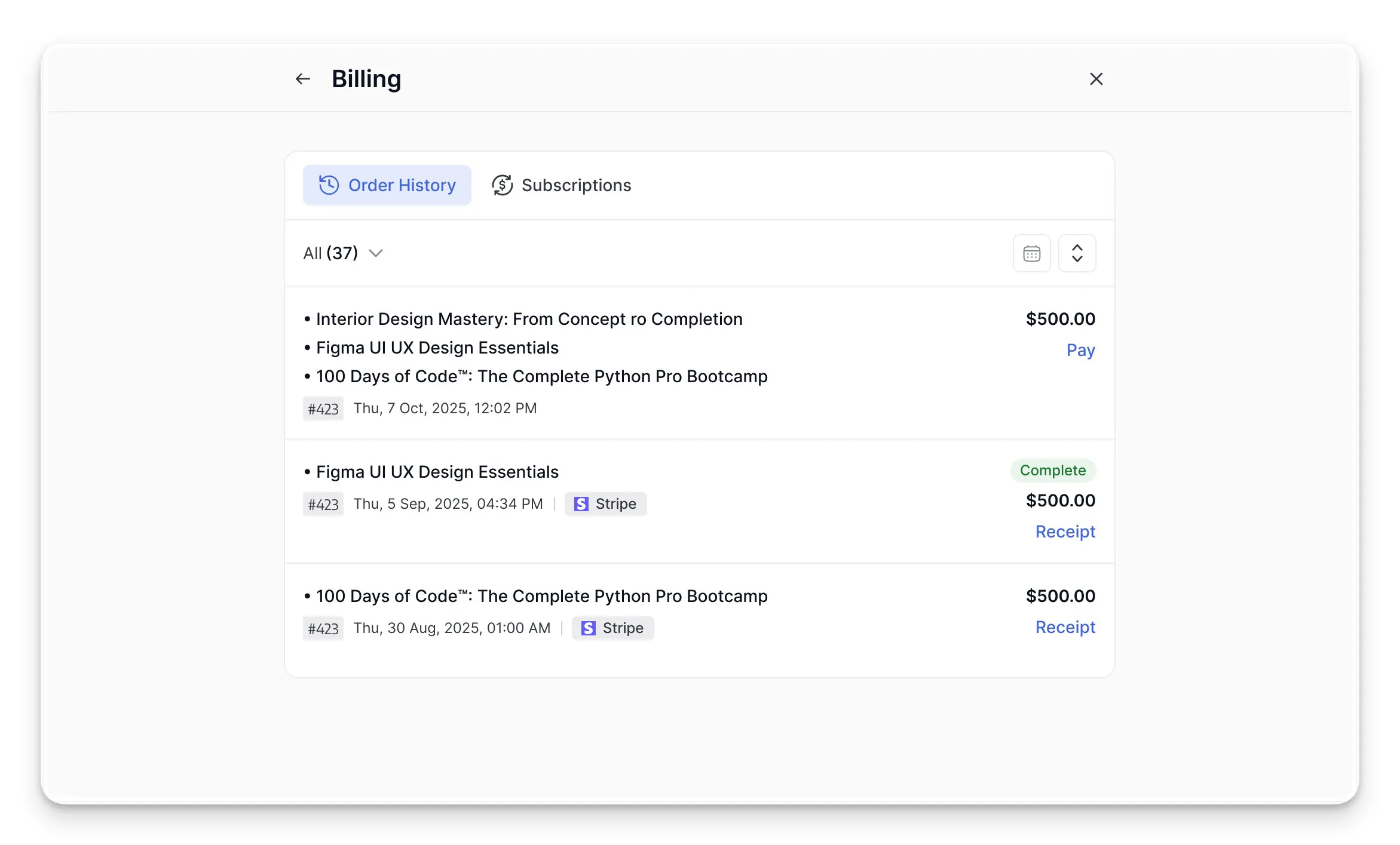 Tutor LMS Learner Dashboard- Student Billing/Order History