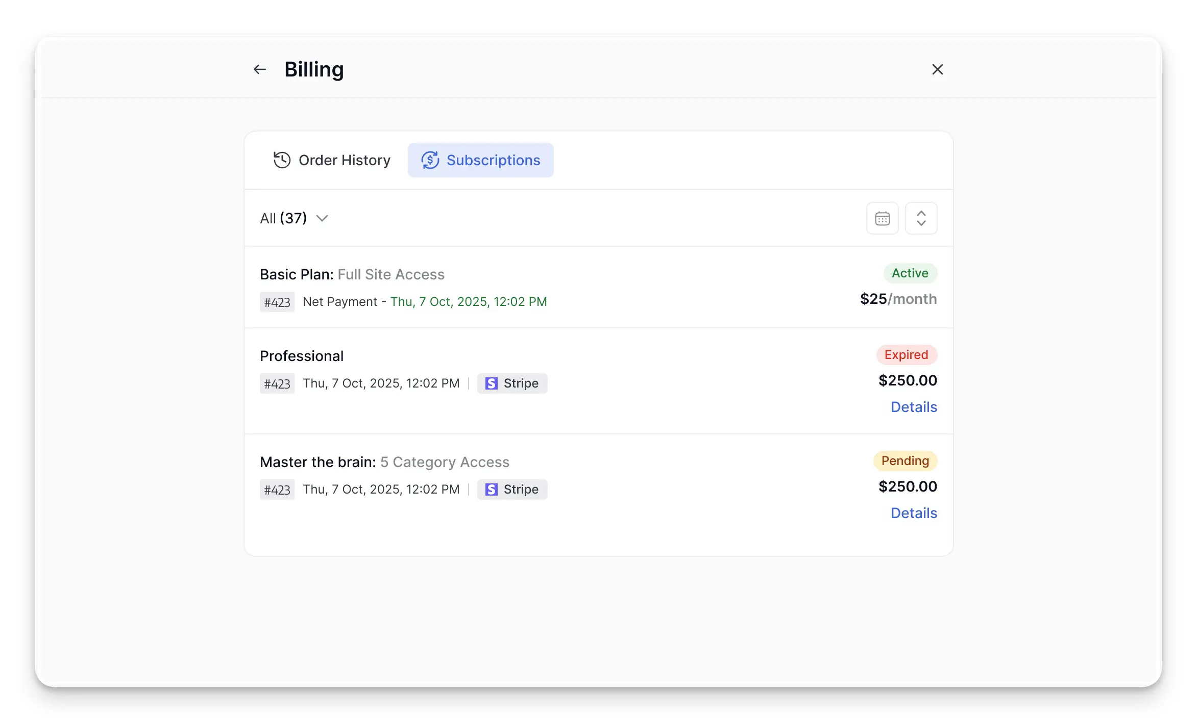 Tutor LMS Learner Dashboard- Student Billing/Subscription History