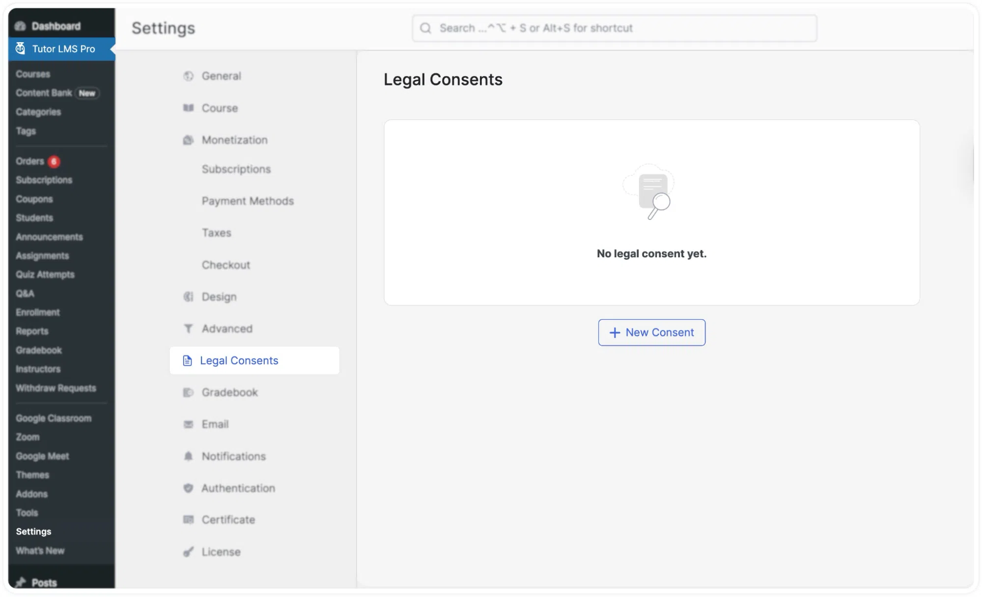 Tutor LMS- Legal Consent Settings Page