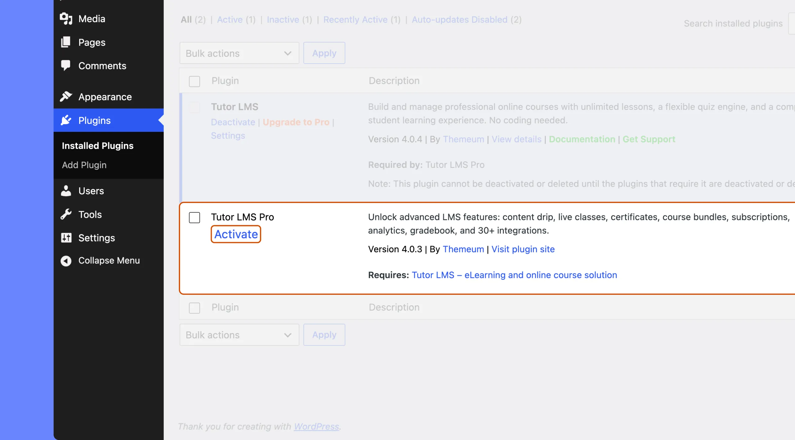 Tutor LMS Pro Activate Plugin