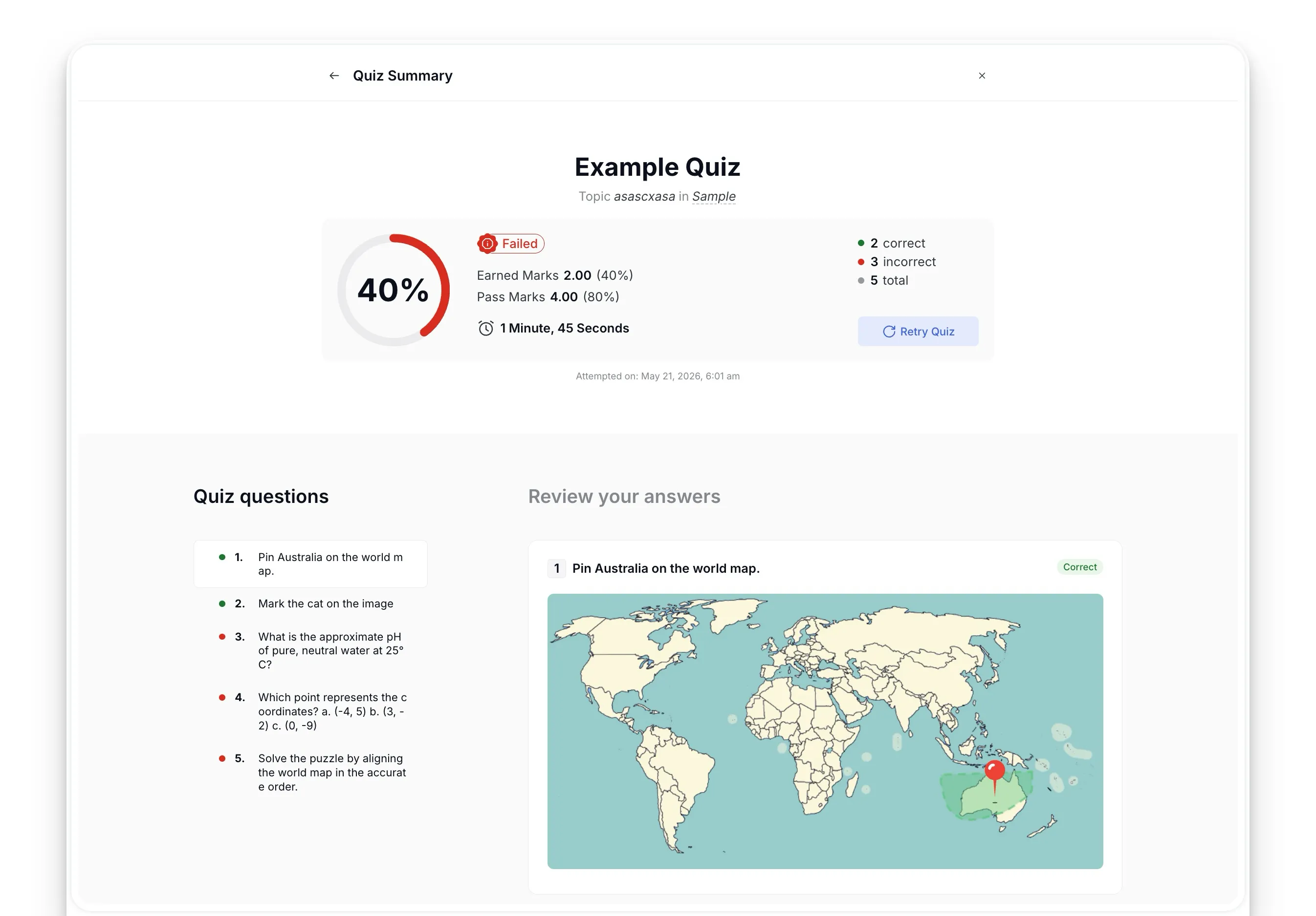 Tutor LMS Quiz Result Summary
