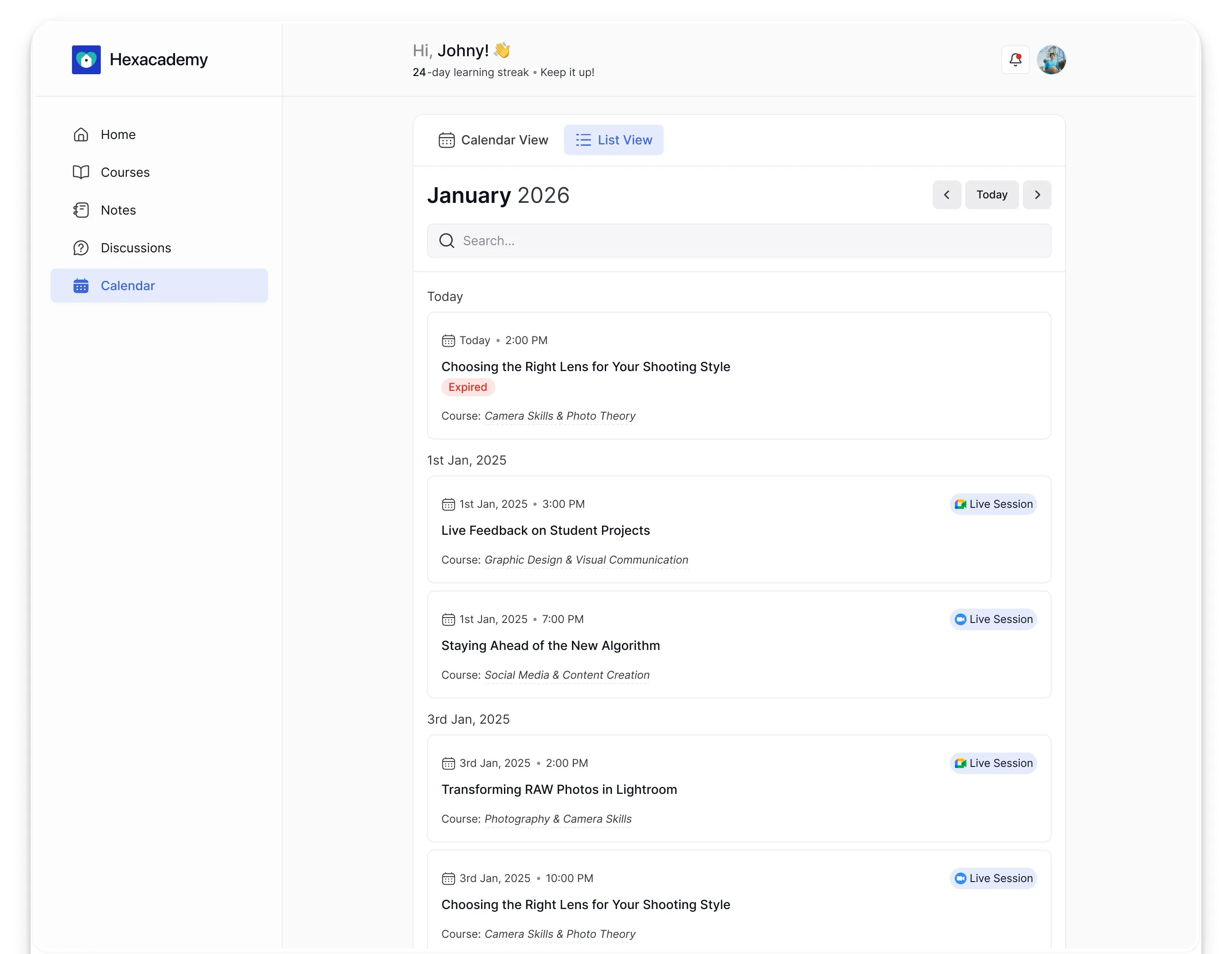 Tutor LMS Student calendar- List view