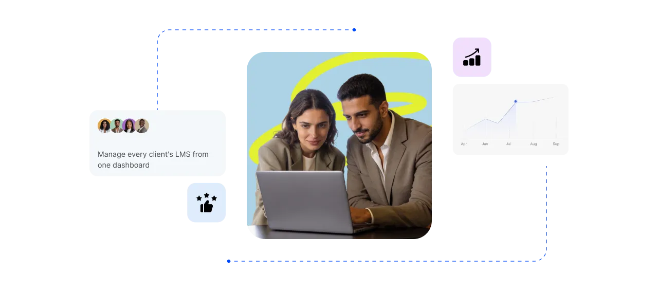 Two employees working together in a laptop against a light blue background, center-framed with a dashed blue line border. To the left, a card with four overlapping avatar icons reads 