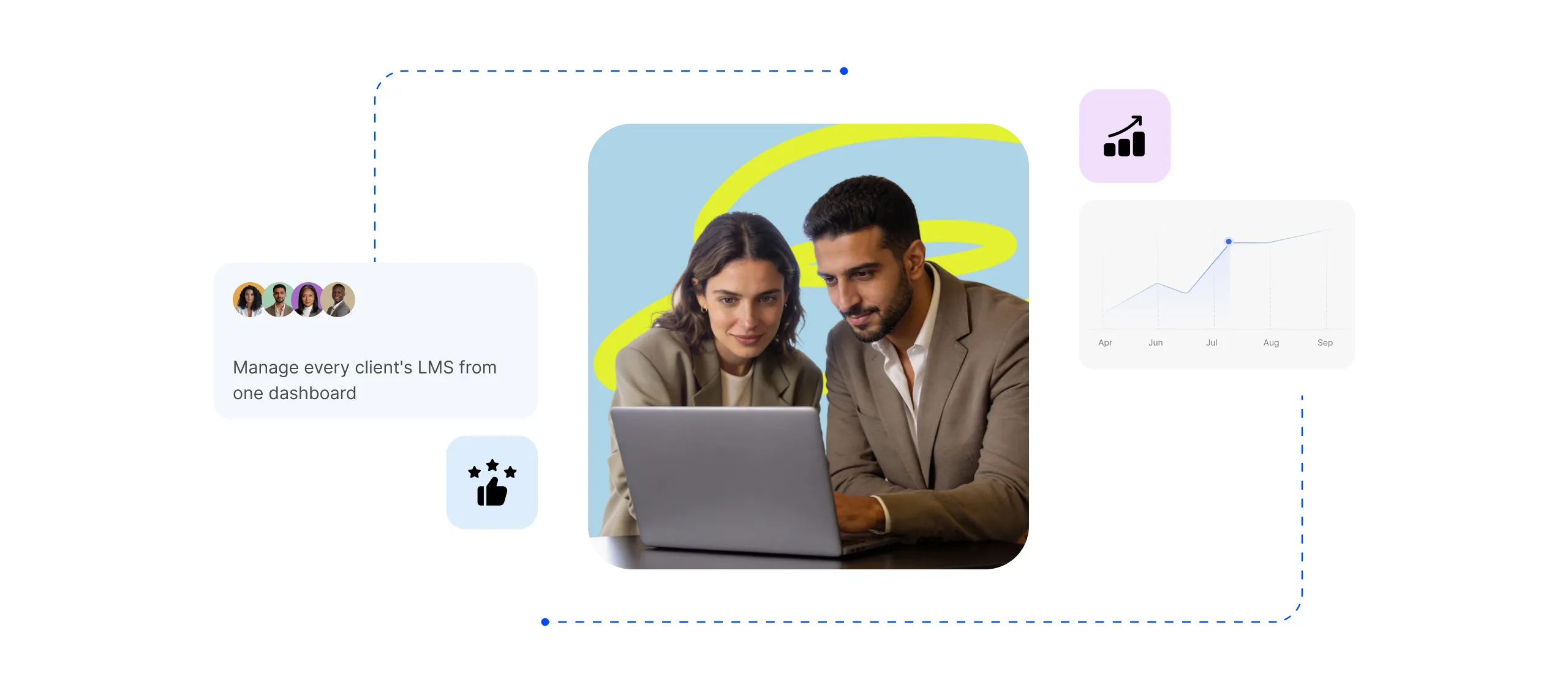 Two employees working together in a laptop against a light blue background, center-framed with a dashed blue line border. To the left, a card with four overlapping avatar icons reads 
