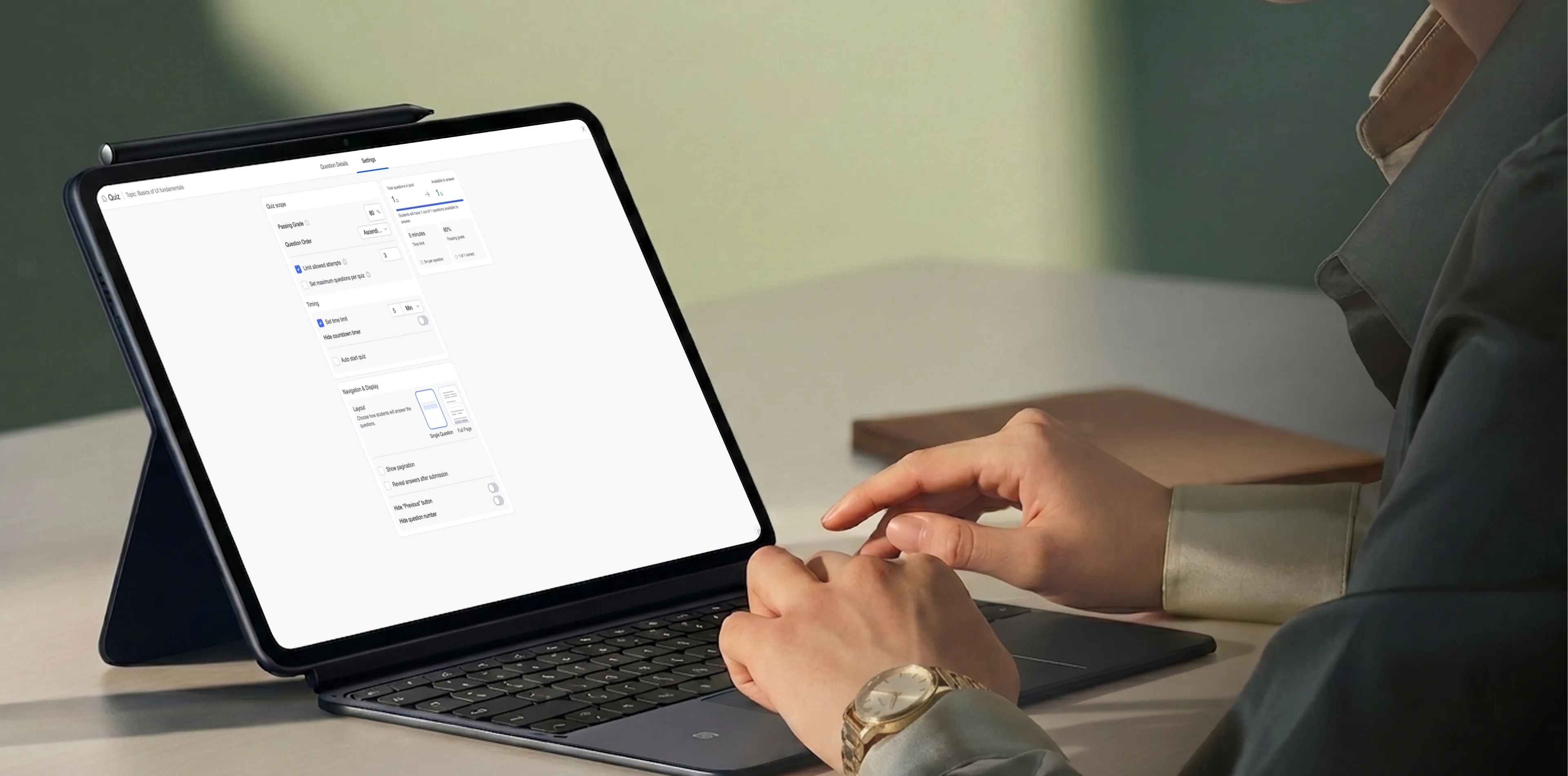 An instructor configures quiz settings on a tablet with keyboard attachment, with a TutorLMS quiz settings panel showing attempt limits, passing grade, timing, and navigation controls — alongside three feature callouts highlighting attempts management, pass grades, and question pools.