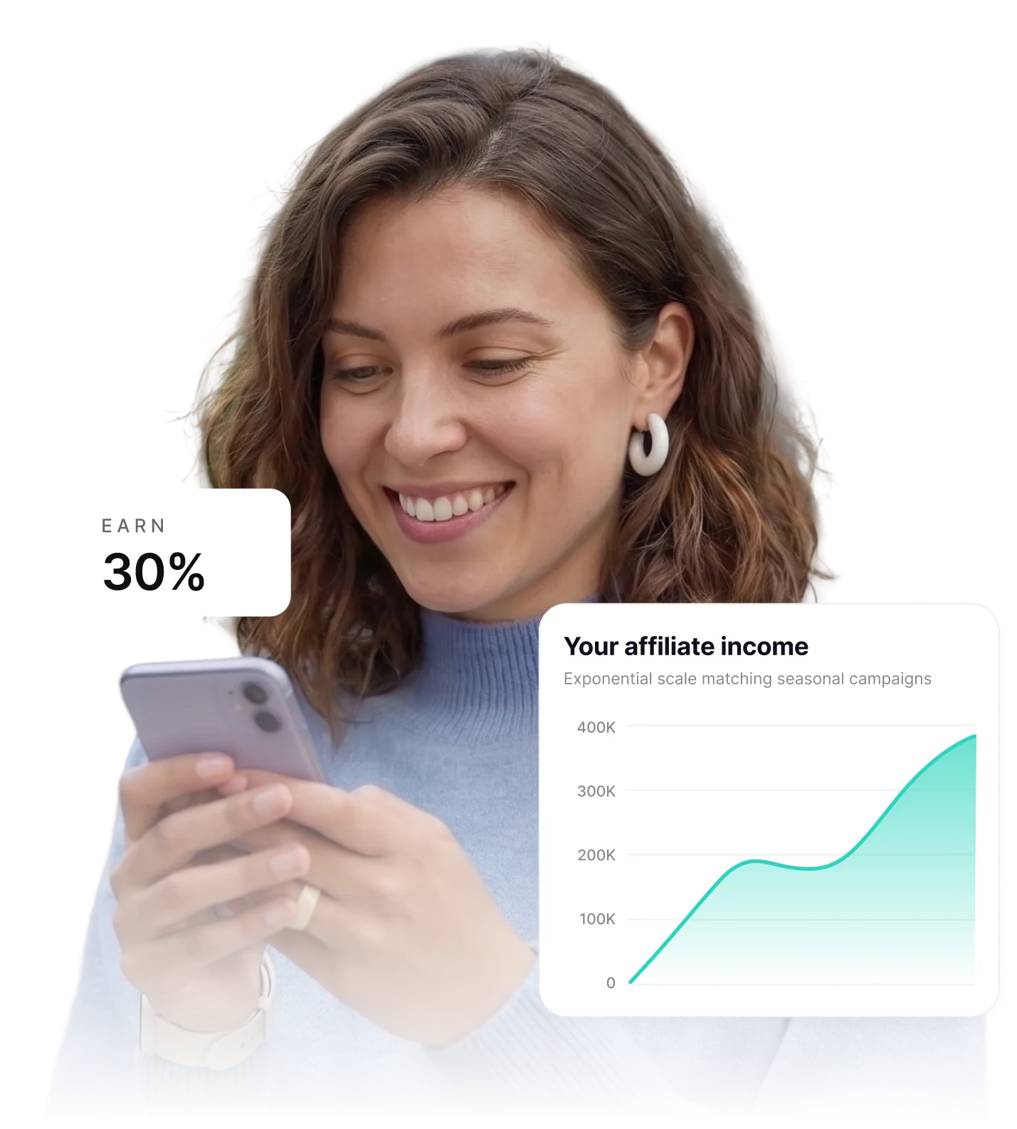 Smiling woman holding a smartphone, with a floating 'Earn 30%' badge on the left and an affiliate income chart overlay on the right showing exponential growth.
