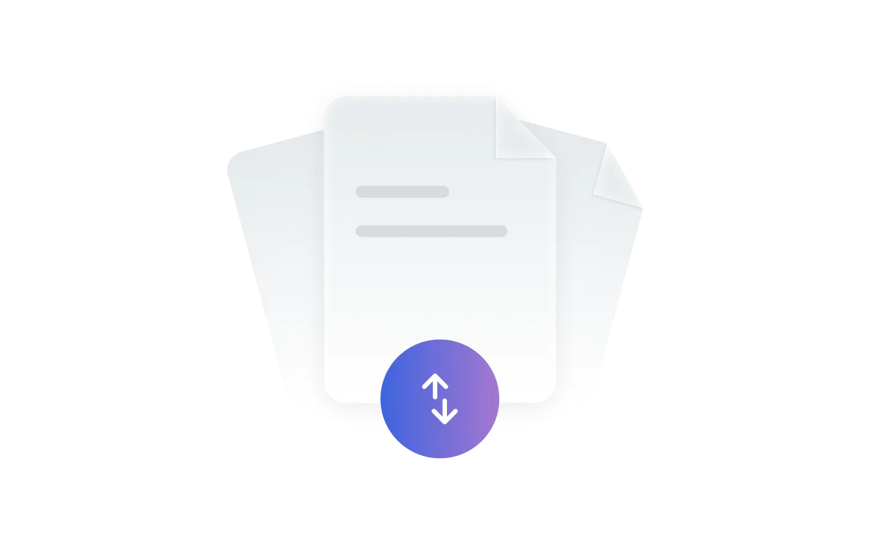 Illustration of stacked document pages with a circular purple button showing an up-down arrow icon, representing import and export actions.