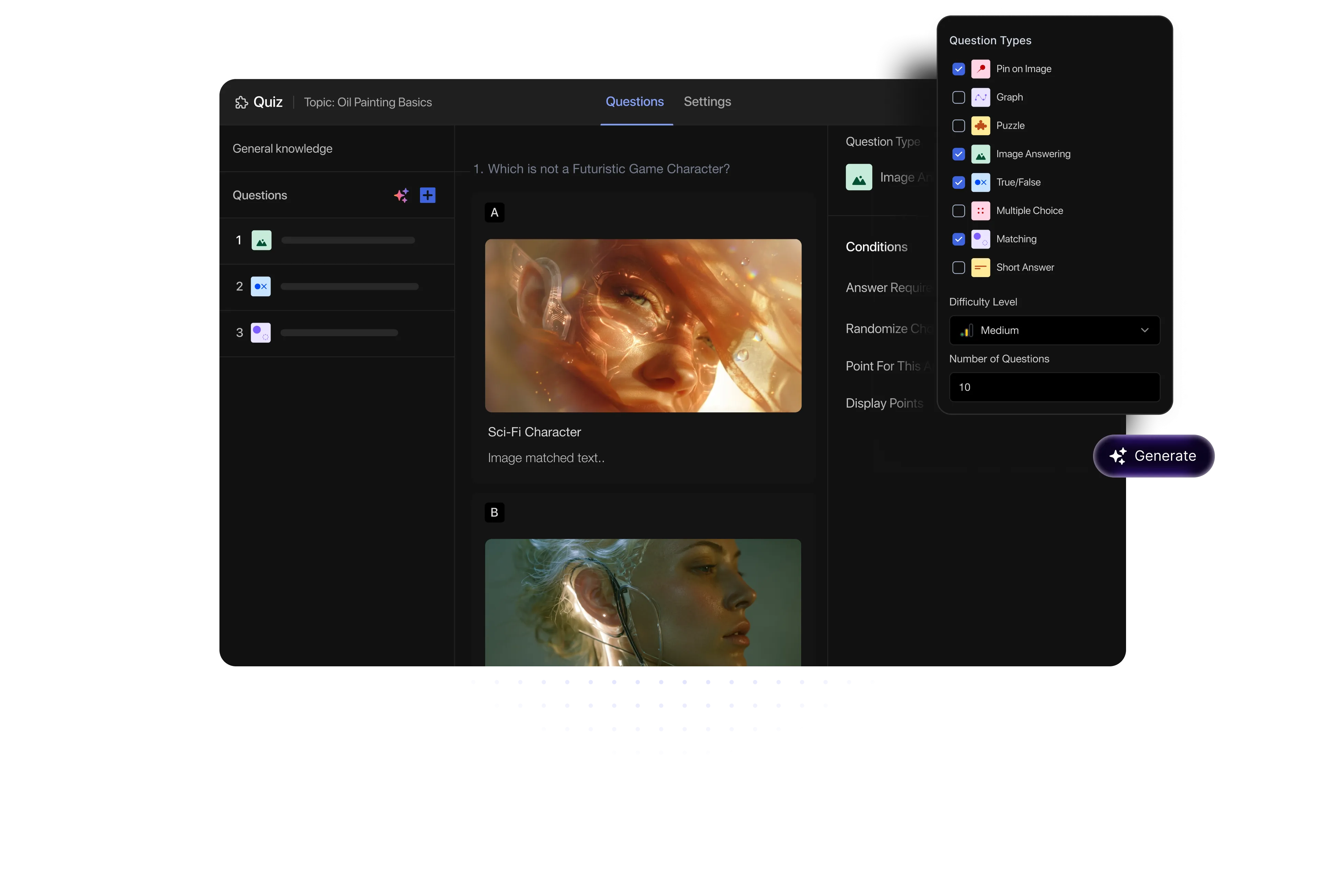 A TutorLMS AI quiz builder on a dark blue interface showing an image-based question