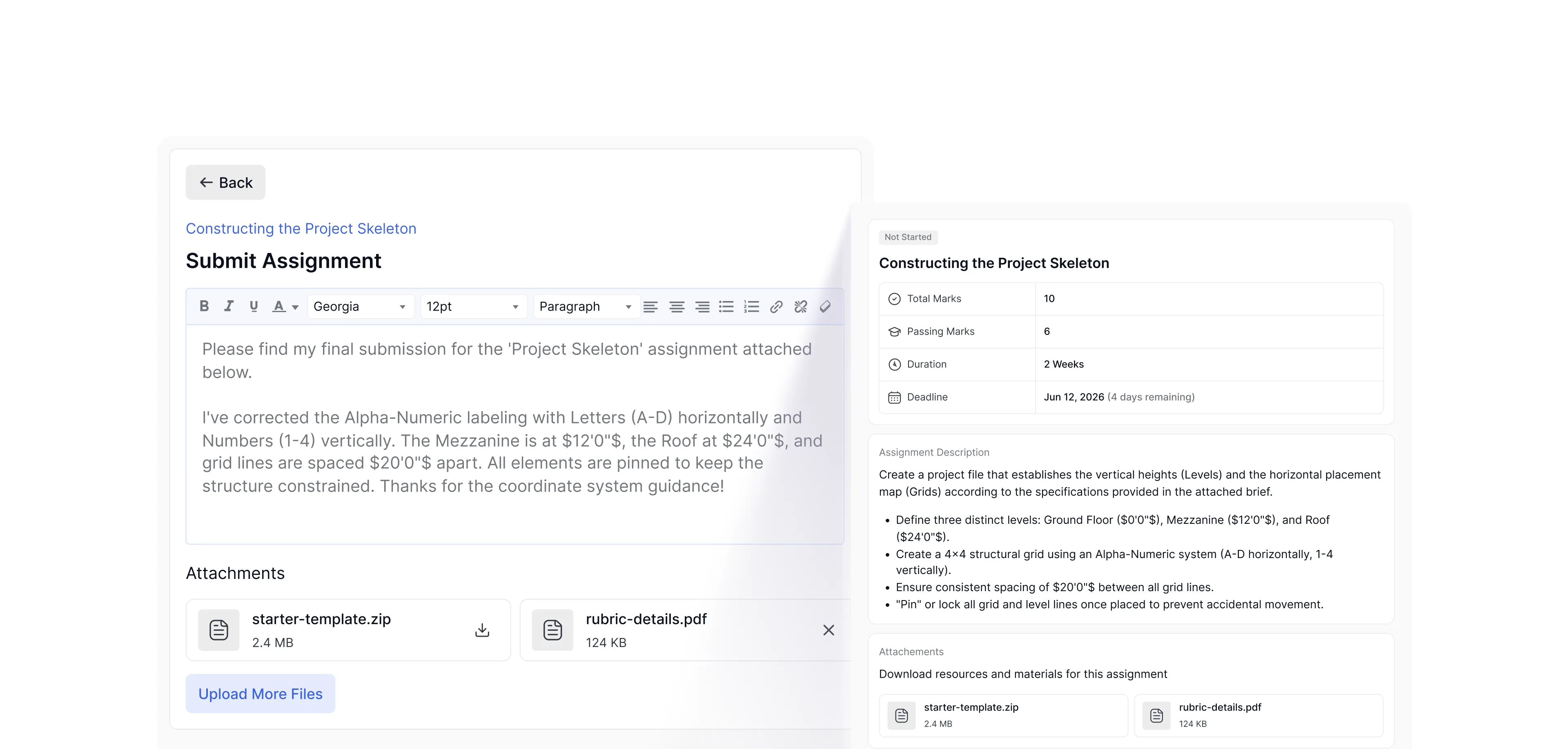 Assignment submission page with deadline and file attachments
