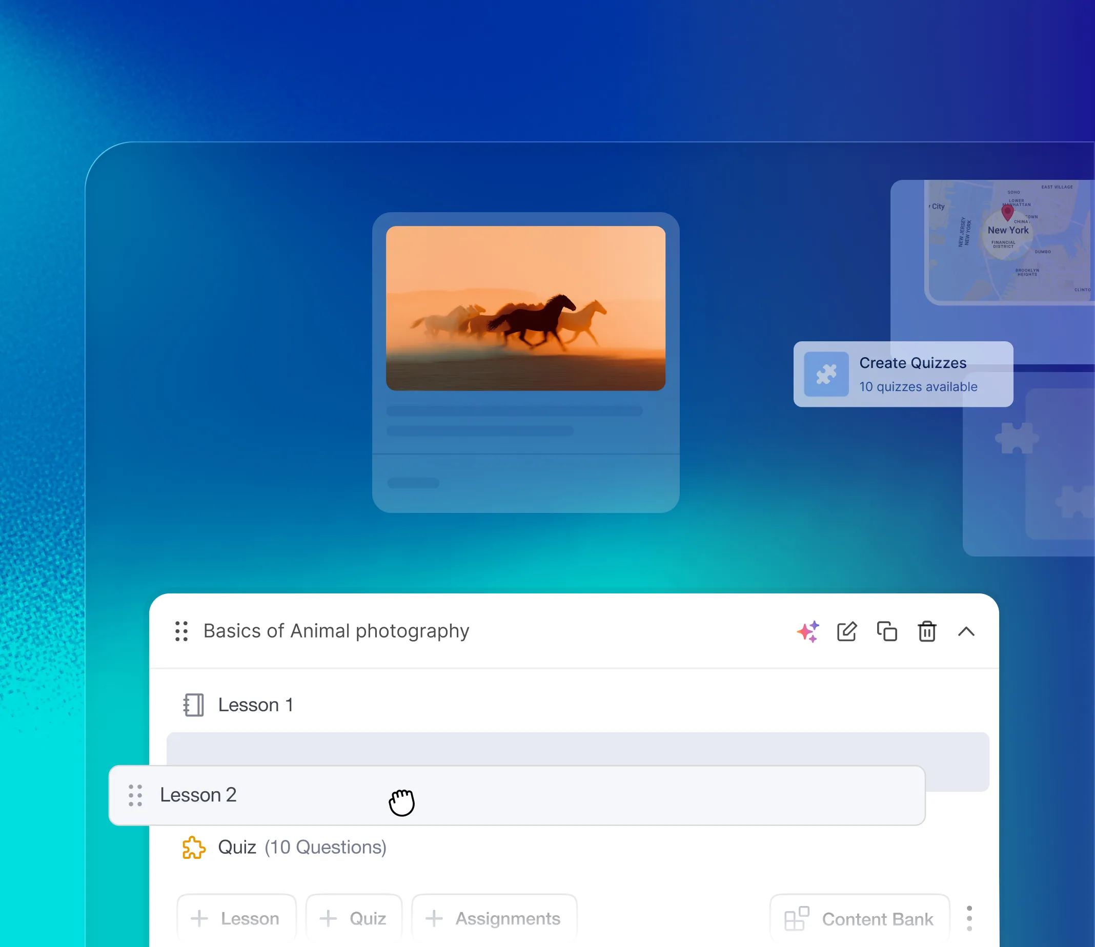 Course builder with lessons, quizzes, and draggable content blocks