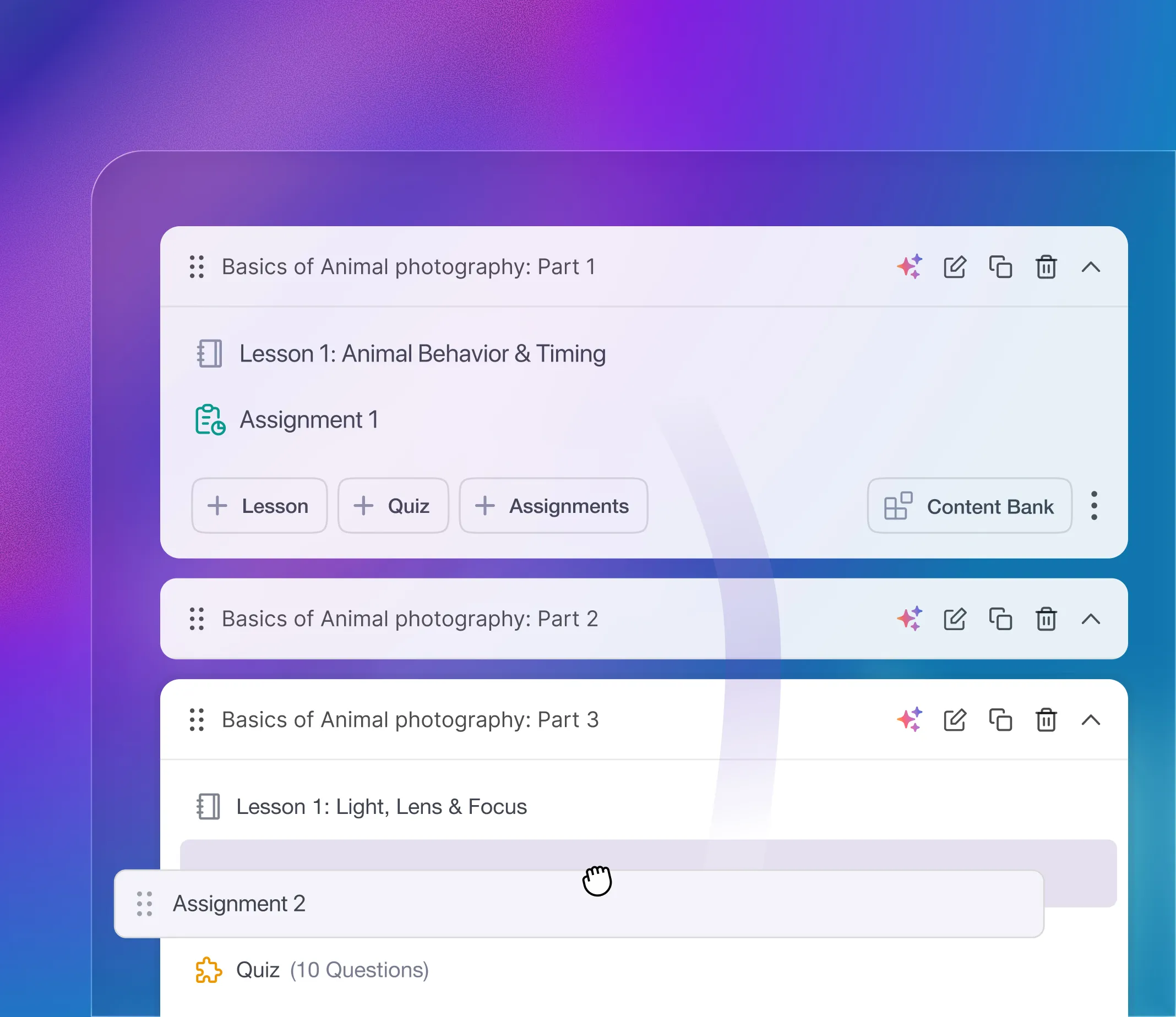 Multi-part course structure with organized draggable modules