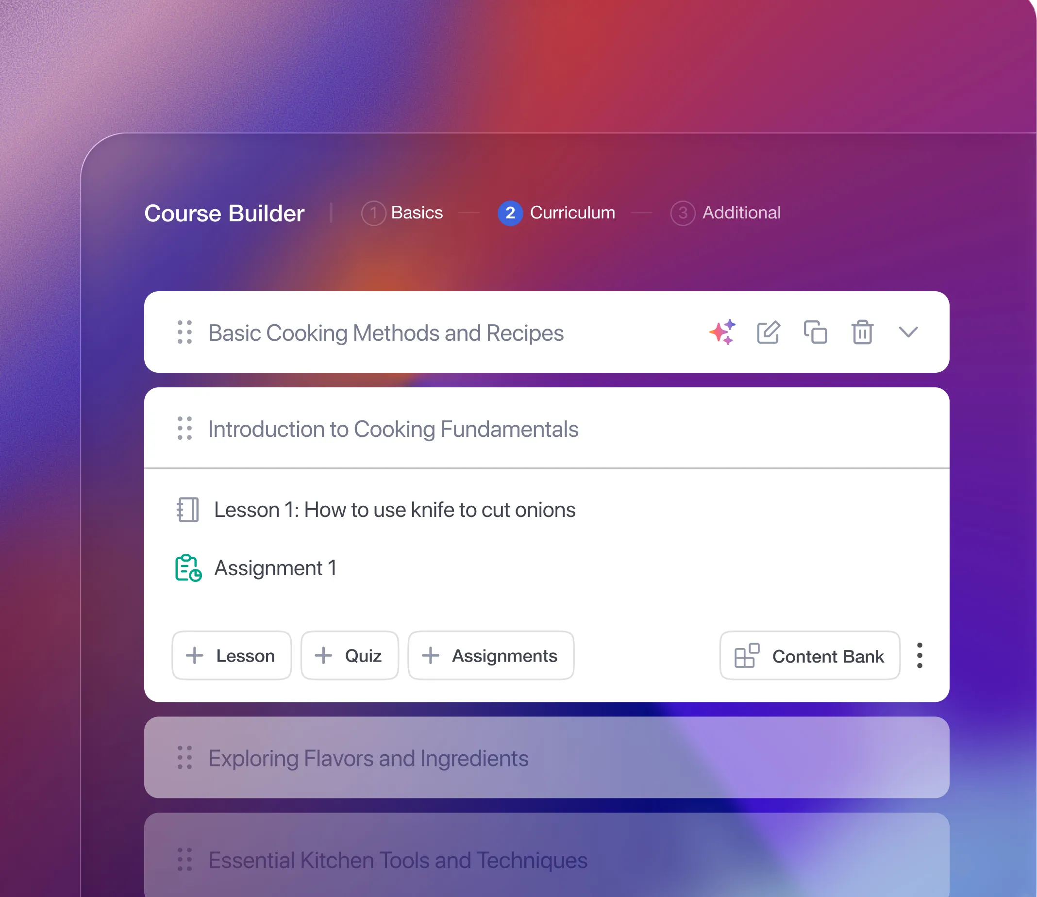 Course builder curriculum with draggable lesson modules.