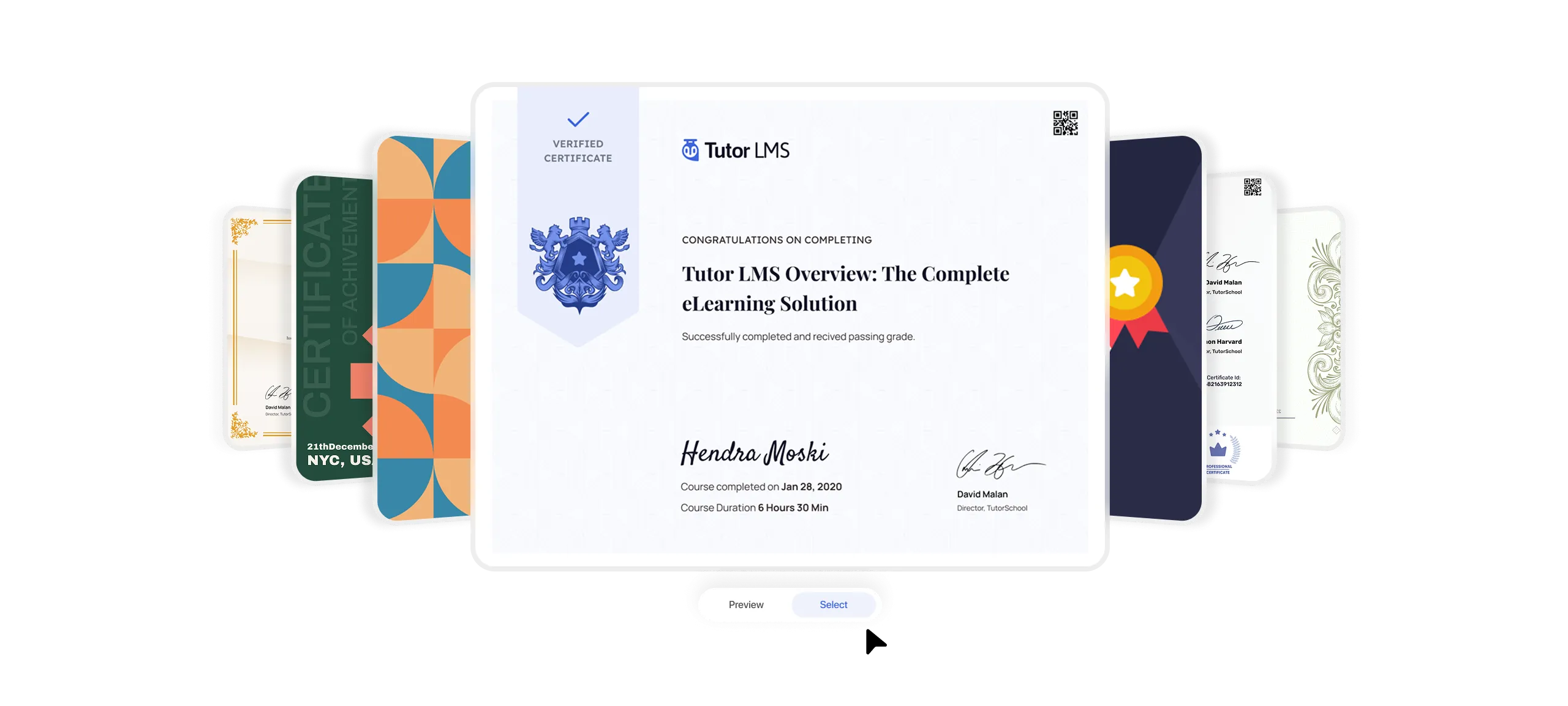 A TutorLMS certificate template library showing a fanned spread of certificate designs — including classic gold border, geometric teal and orange, dark navy with medal, and ornate white styles — with the center template active showing a verified certificate issued to Hendra Moski, with Preview and Select buttons below.