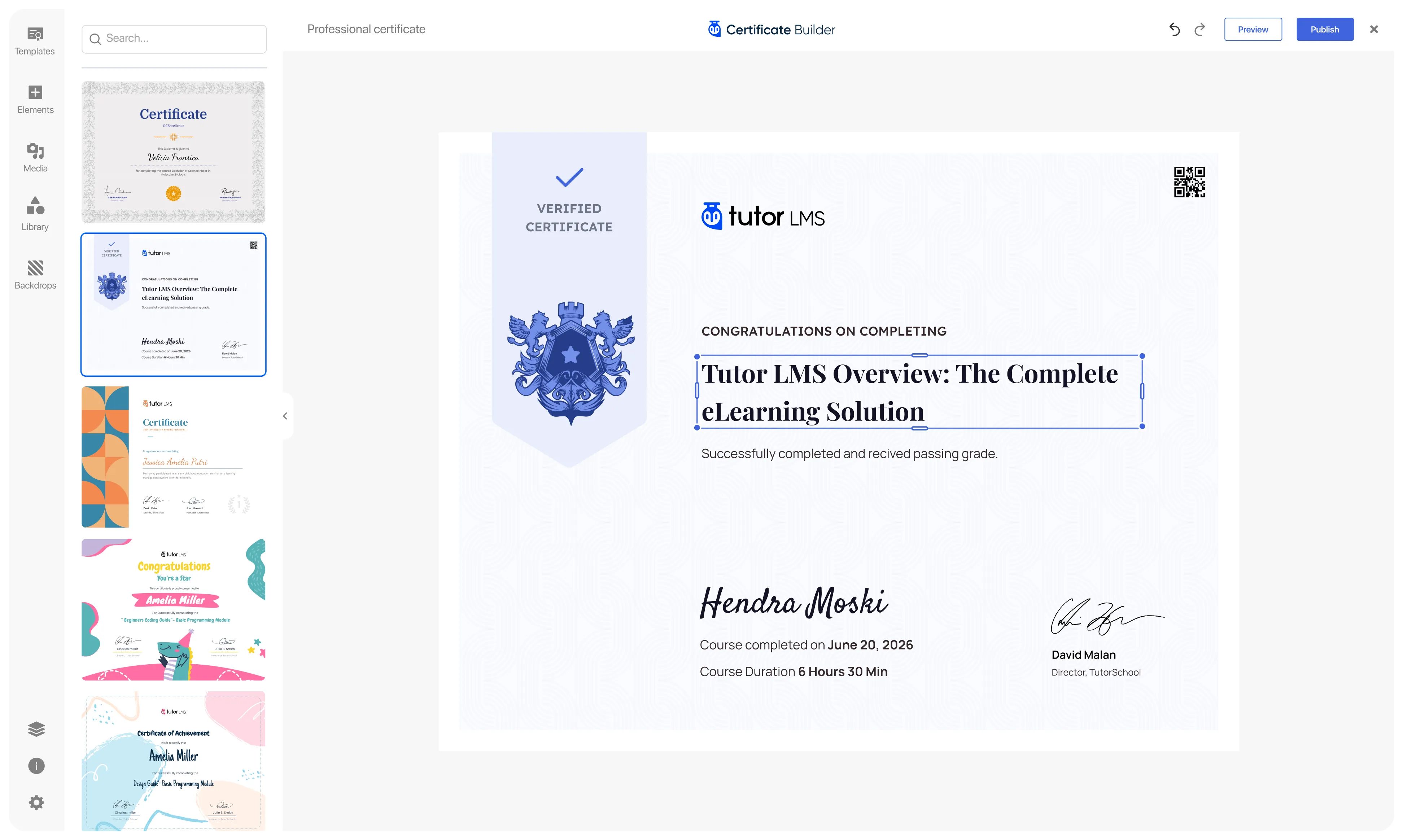 Customizing a custom certificate in Tutor LMS certificate builderCustomizing a custom certificate in Tutor LMS certificate builder