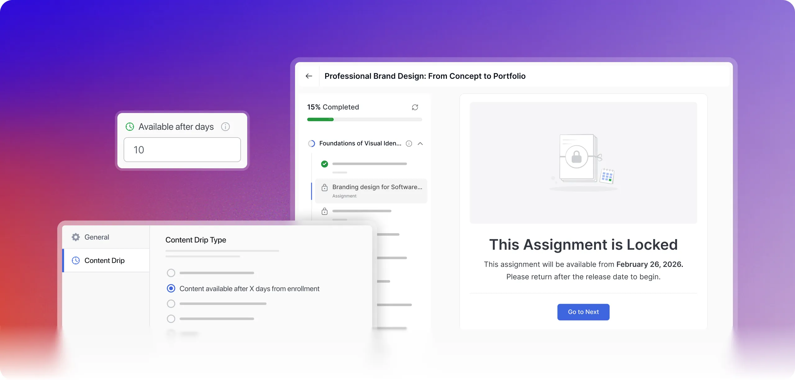 Content drip settings with locked assignment screen