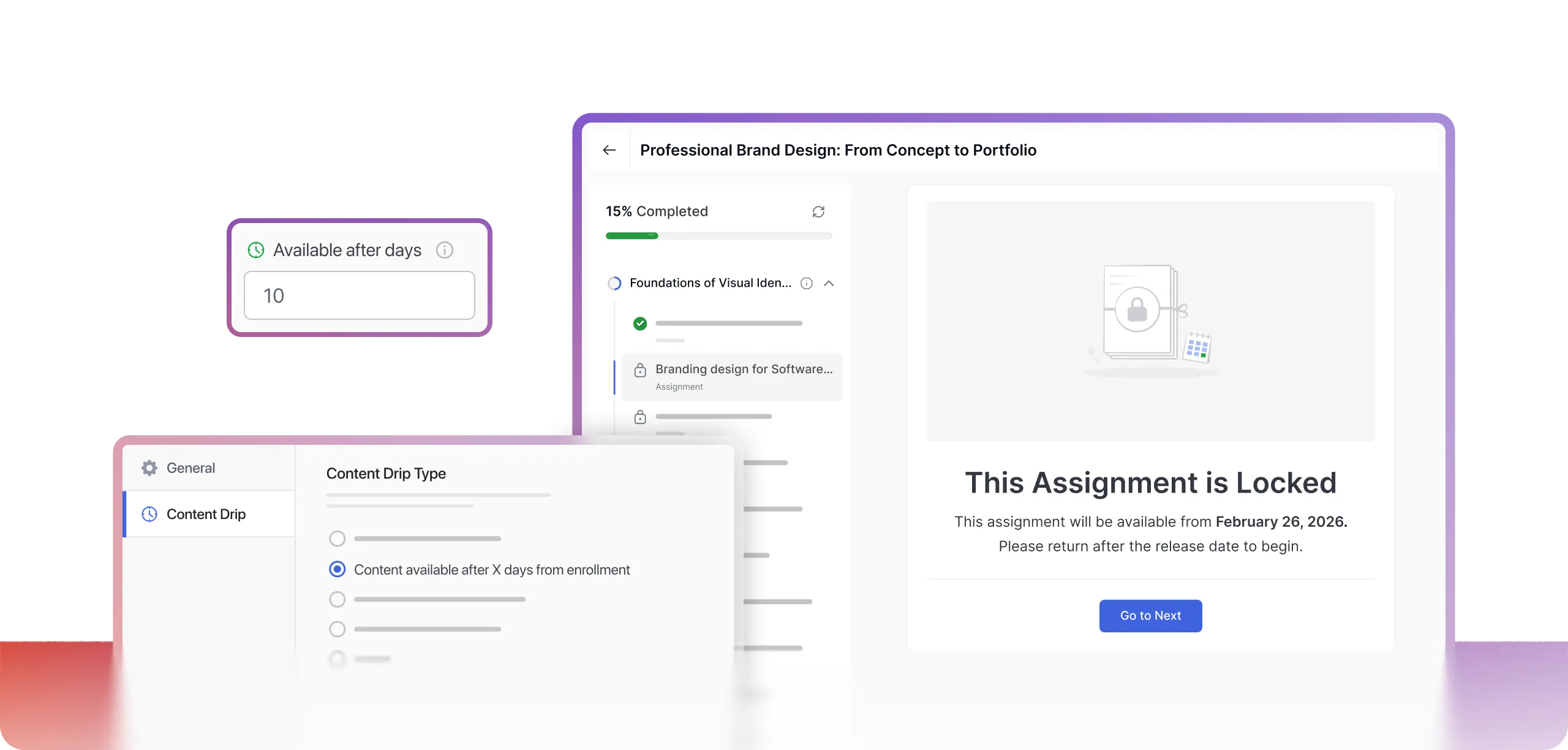 Content drip settings with locked assignment screen