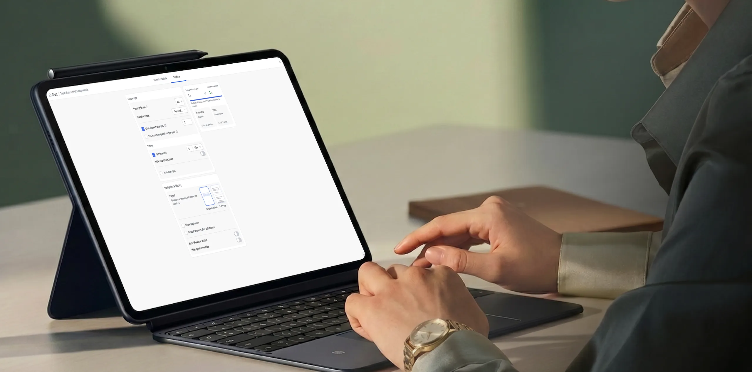 An instructor configures quiz settings on a tablet with keyboard attachment, with a TutorLMS quiz settings panel showing attempt limits, passing grade, timing, and navigation controls — alongside three feature callouts highlighting attempts management, pass grades, and question pools.