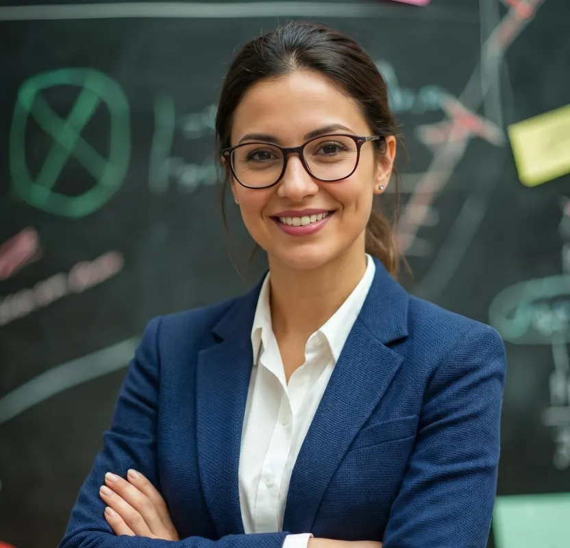 A confident woman instructor stands with arms crossed and a warm smile, wearing a navy blazer in front of a chalkboard filled with diagrams and equations — the approachable, knowledgeable face of a course built to get results.