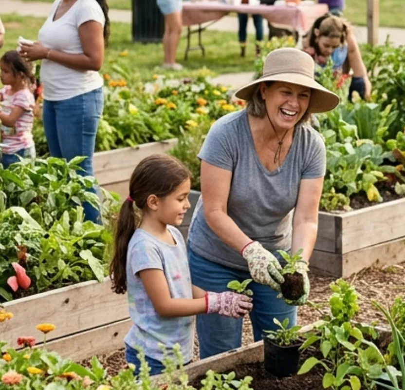 A volunteer mentor and a young girl plant seedlings together in a community garden, laughing as families work alongside them in the background — capturing the spirit of nonprofits and community organizations that bring people together to learn, grow, and support one another.