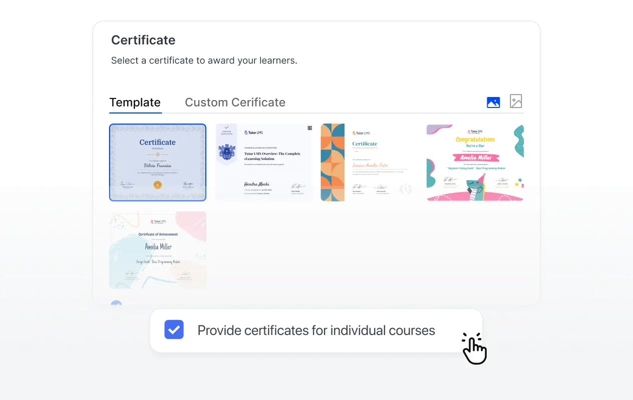 Certificate template selection screen with multiple designs
