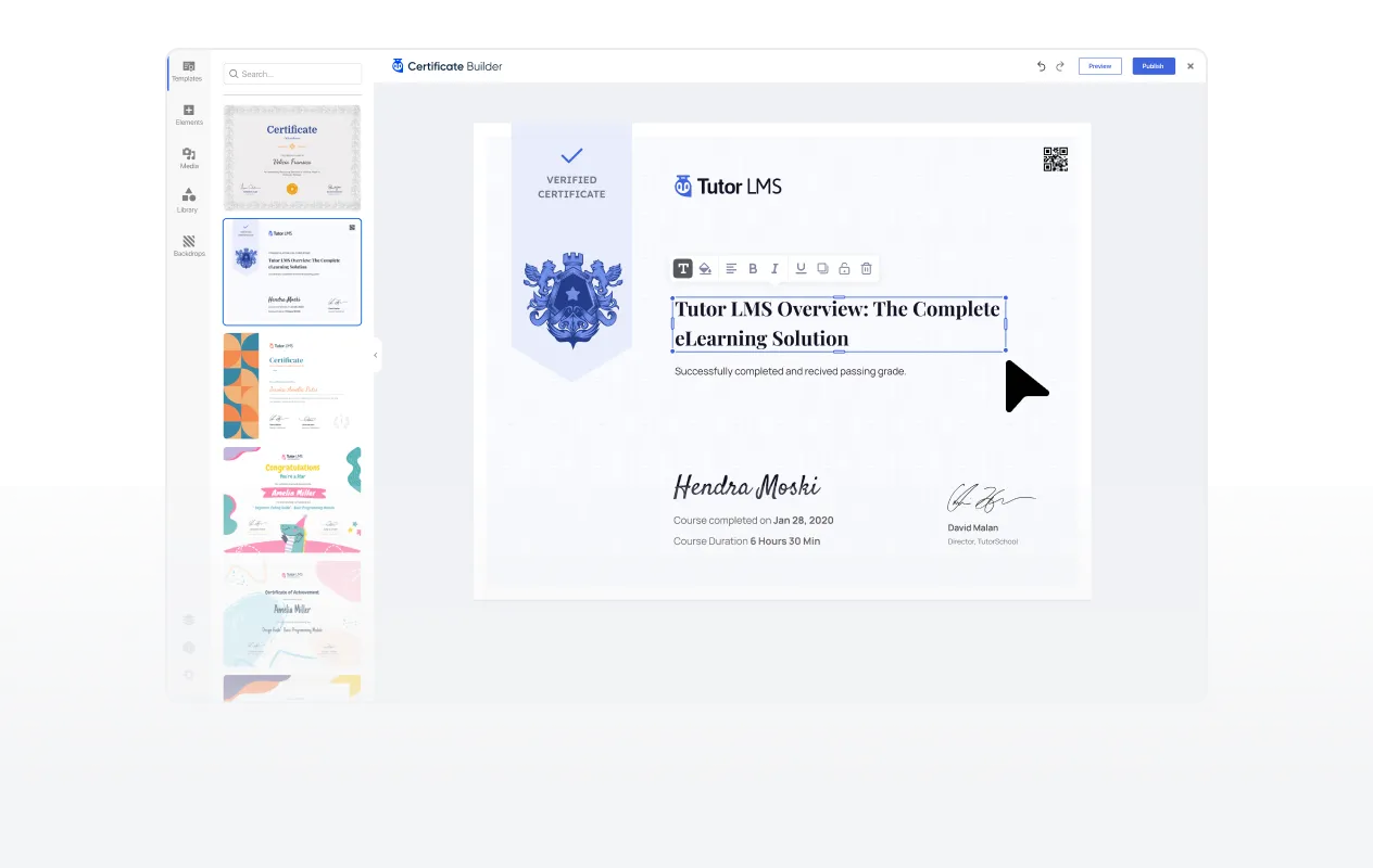 Custom certificate builder editor with template list sidebar