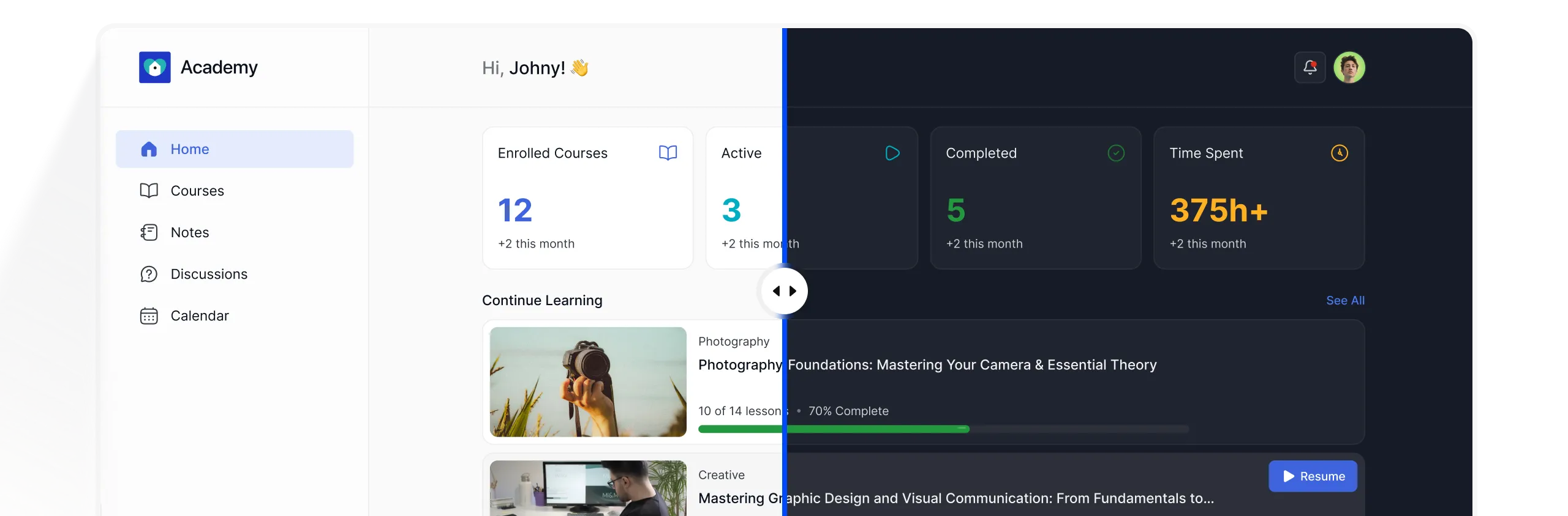 Dashboard split-view comparing light and dark mode themes