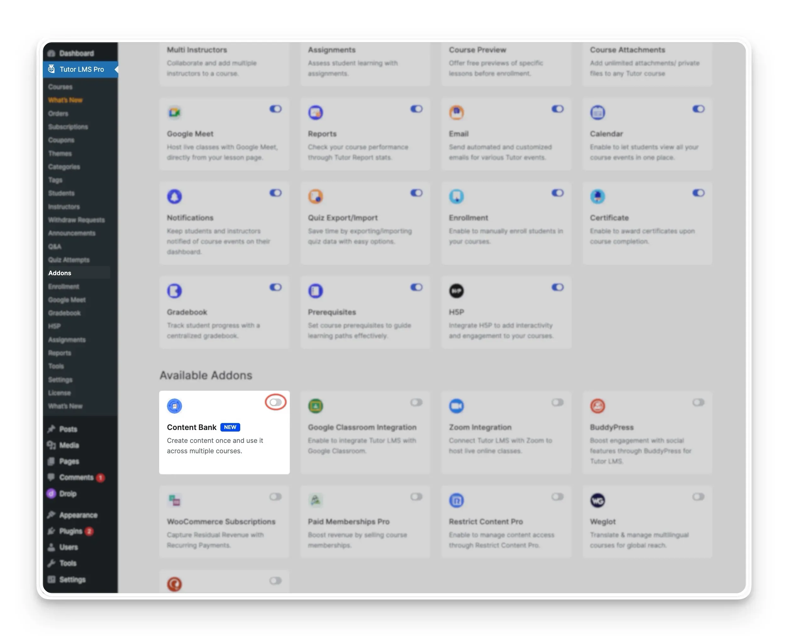 Content Bank Addon enable